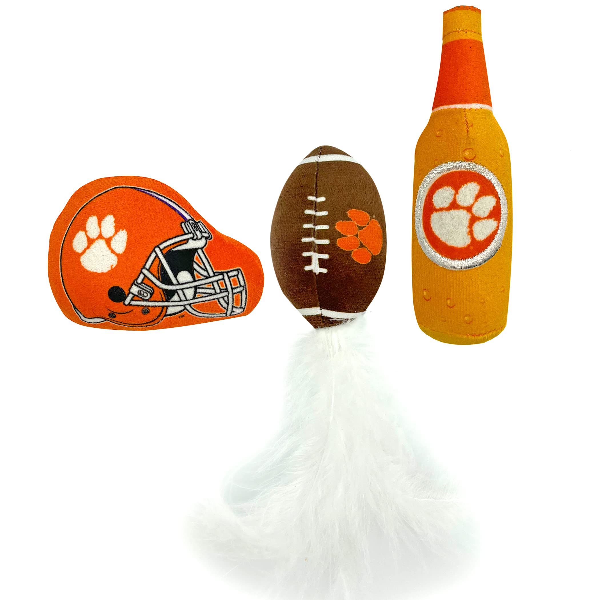 Best Plush Cat Toy - Ncaa Clemson Tigers Complete Set Of 3 Piece Cat Toys Filled With Fresh Catnip. Includes: 1 Helmet Cat Toy, 1 Football Cat Toy With Feathers & 1 Beer Bottle. Beautiful Team Logos