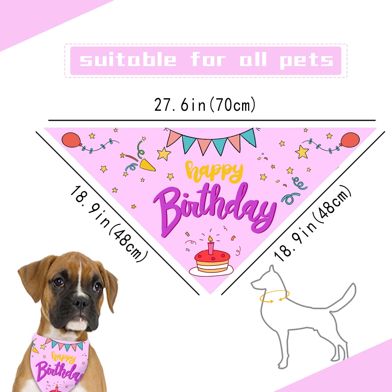 Liboom - Happy Birthday Dog Bandana Washable Pets Scarf Triangle Adjustable Handkerchief, Double Sided Printing, Pink, Cake Ball