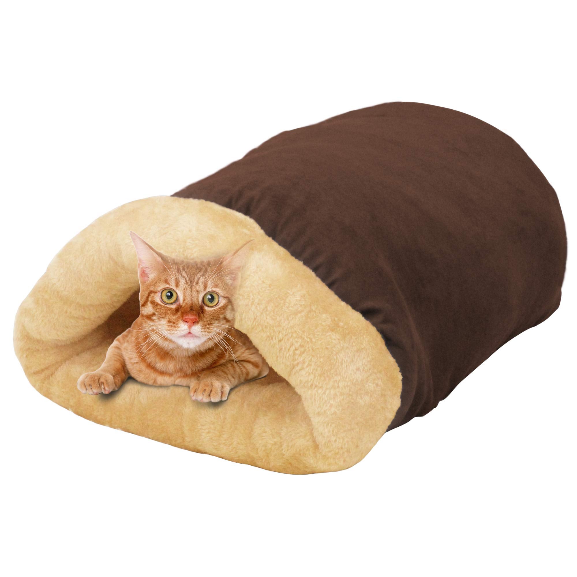 Goopaws 4 In 1 Self Warming Burrow Cat Bed, Pet Hideway Sleeping Cuddle Cave (Brown)
