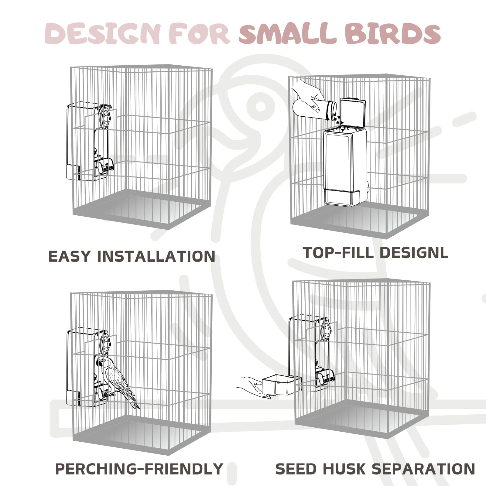Automatic Bird Feeder, Bird Cage Feeder with Perch for Parakeet Canary Cockatiel Finch (Pink)