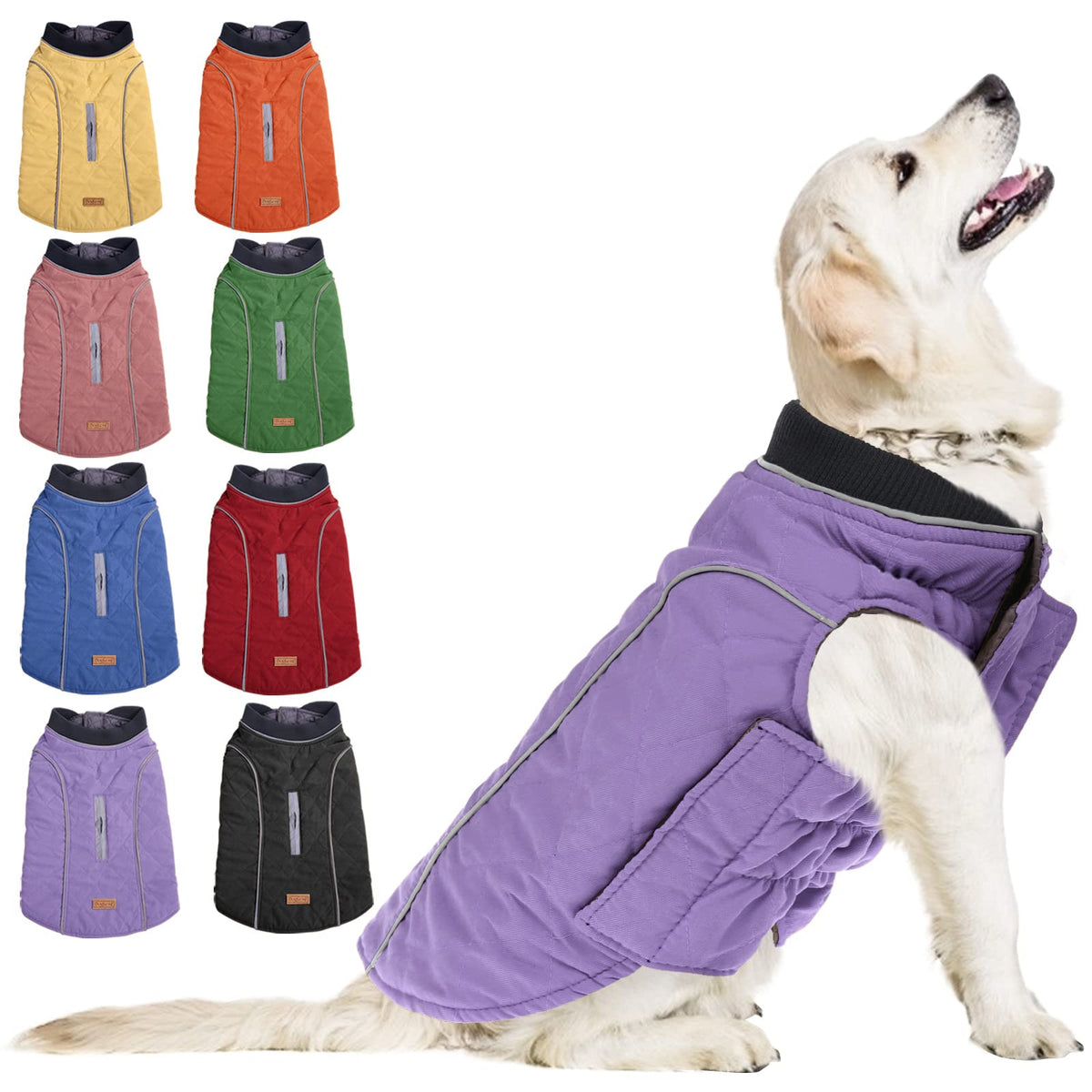 Koeson Windproof Dog Cold Weather Coat, Reflective Pet Winter Thick Warm Outdoor Jacket With Harness Hole, Comfy Cotton Apparel Padded Vest For Small Medium Large Dogs Purple L