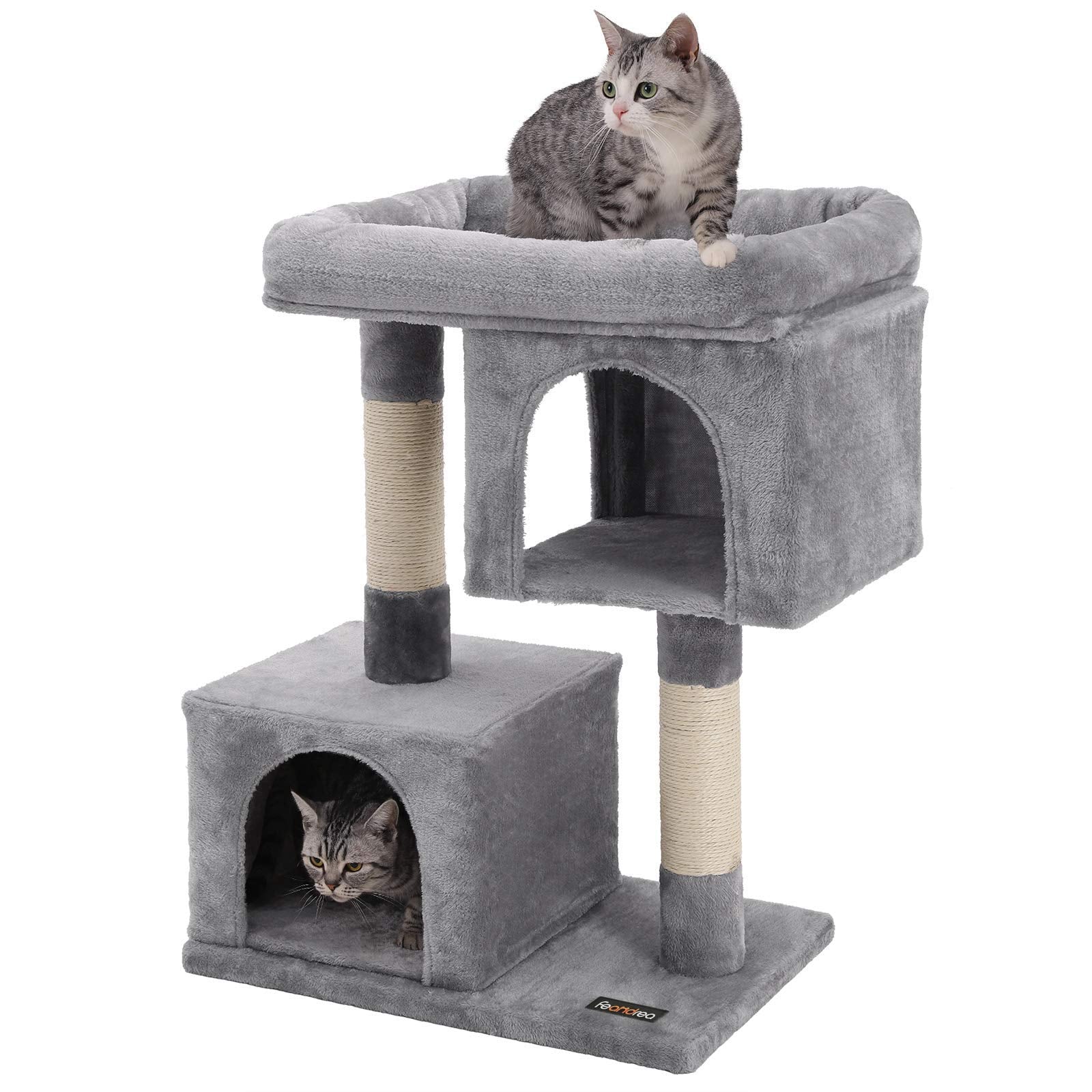 Feandrea Cat Tree, 33.1-Inch Cat Tower, L, Cat Condo For Large Cats Up To 16 Lb, Large Cat Perch, 2 Cat Caves, Scratching Post, Light Gray Upct61W