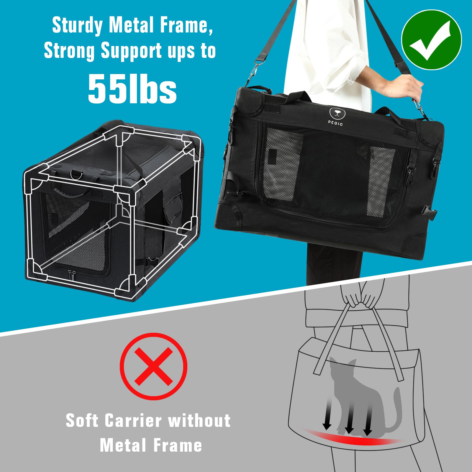Pegic Extra Large Cat Carrier For Car Travel, Pegic Soft Sided Collapsible Pet Carrier For Outdoor And Indoor Uses, Roomy Cat Ca