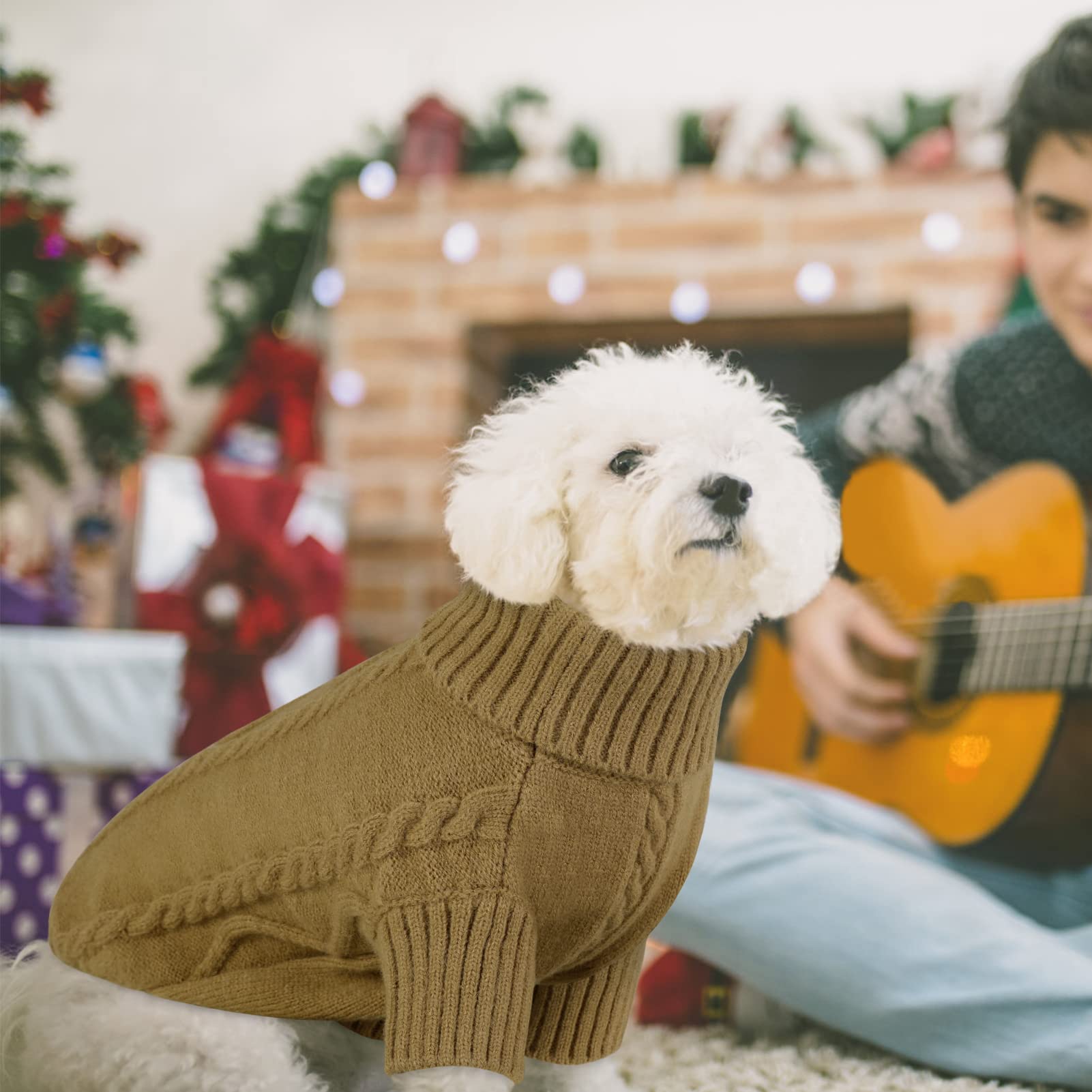 Queenmore Small Dog Pullover Sweater, Cold Weather Cable Knitwear, Classic Turtleneck Thick Warm Clothes For Chihuahua, Bulldog, Dachshund, Pug (Light Brown, X-Large)