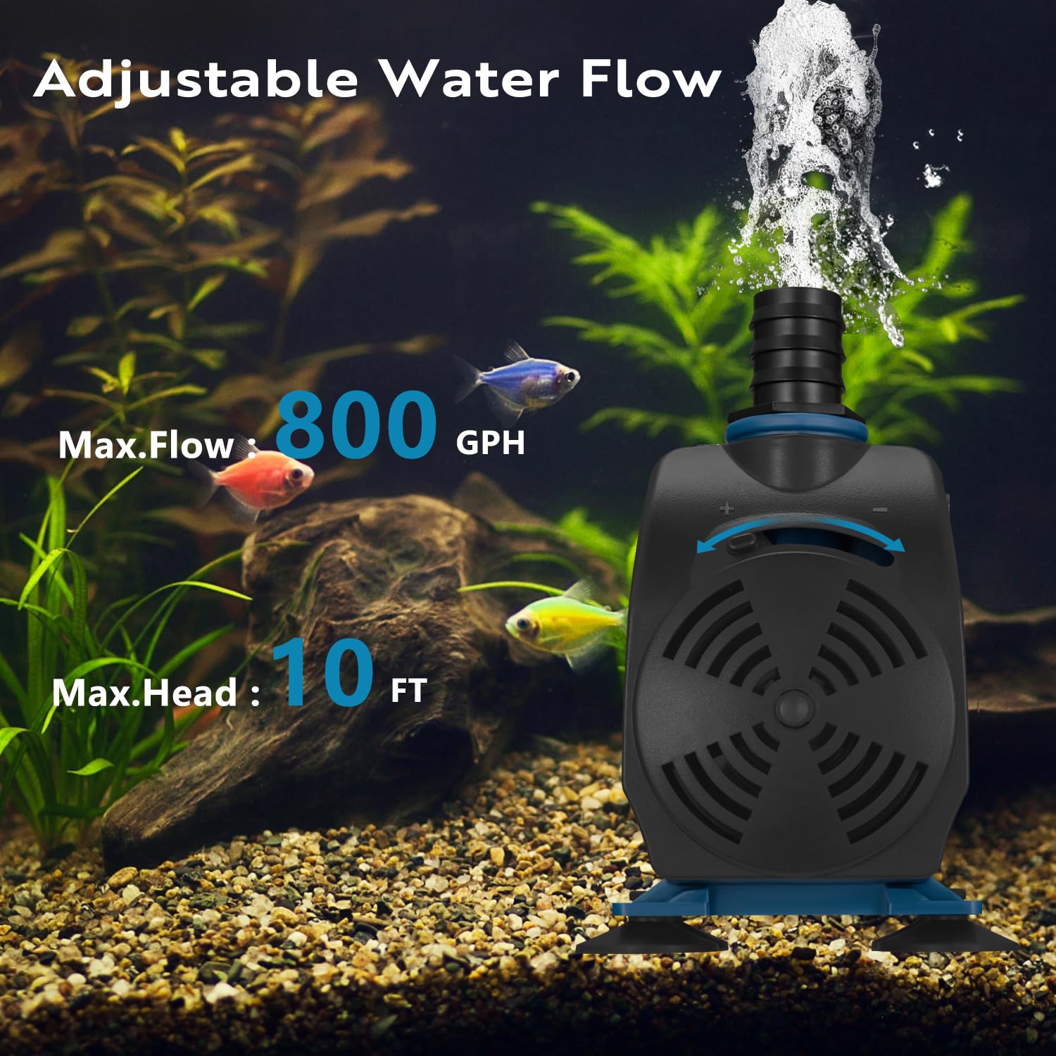 TONGCHANT 800GPH Adjustable Flow Water Fountain Pump Outdoor with 3 Nozzles (1/2, 5/8, 3/4), 60W Ultra-Quiet Fish Tank Pump, 10f