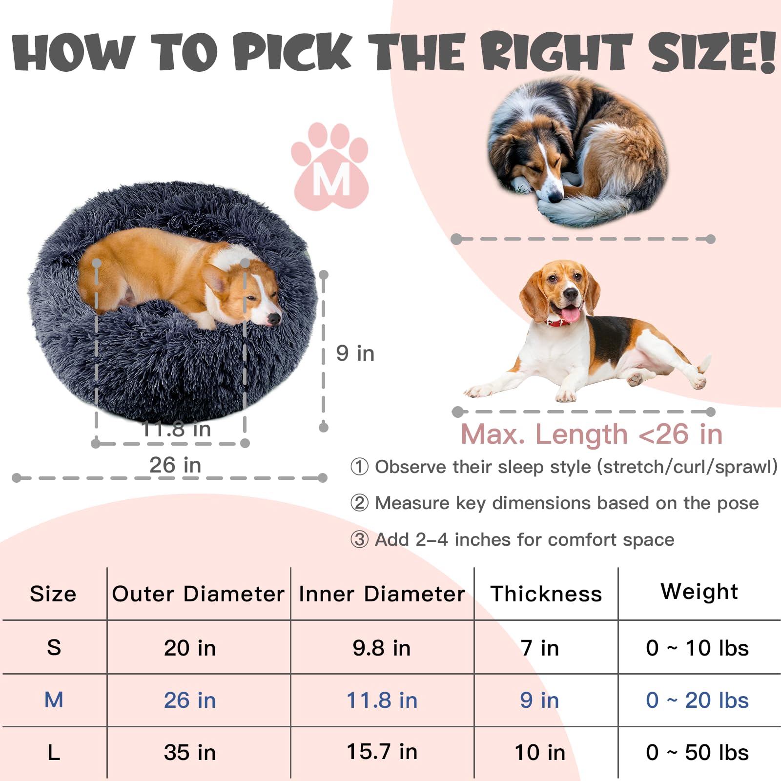 Himax Medium Dog Bed, Round Dogs Beds With Blanket Attached, Comfort Fluffy Calming Dog Bed Washable (20''/26''/35'') Deep Grey