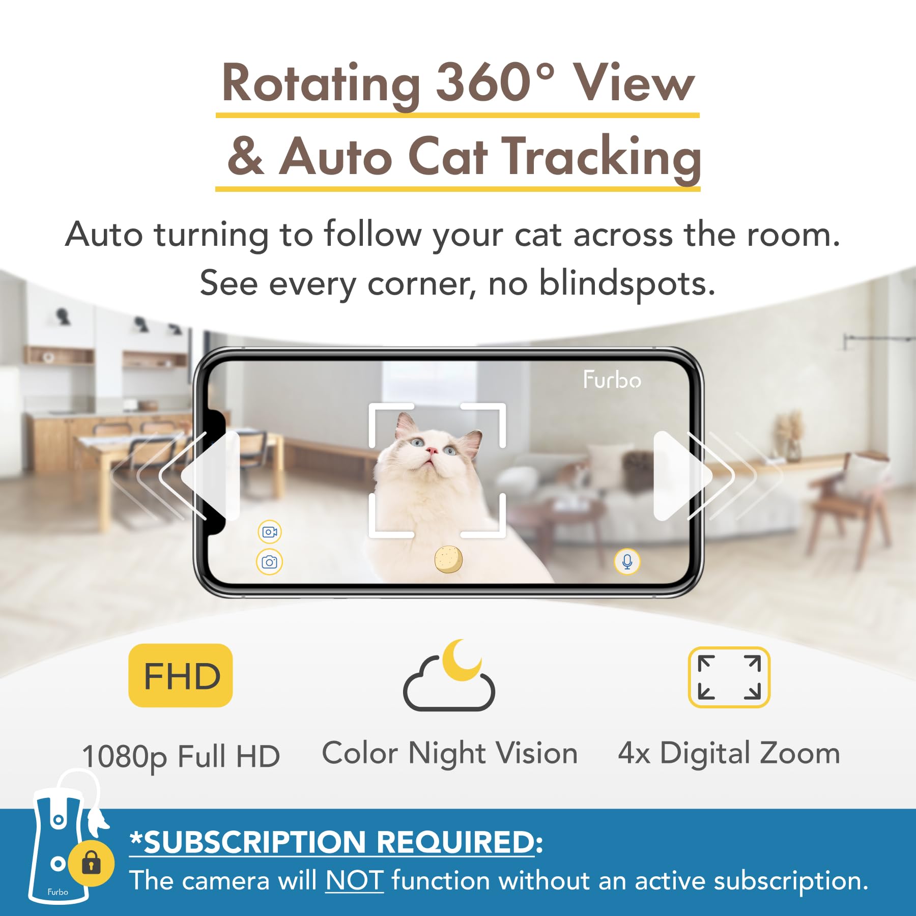 Furbo 360° Cat Camera + Nanny Bundle: Home Security & Cat Safety Alerts, Rotating Pet Treat Dispenser Camera With Speaker, Smart Home Indoor Cam W Phone App (Additional Subscription Required At Setup)