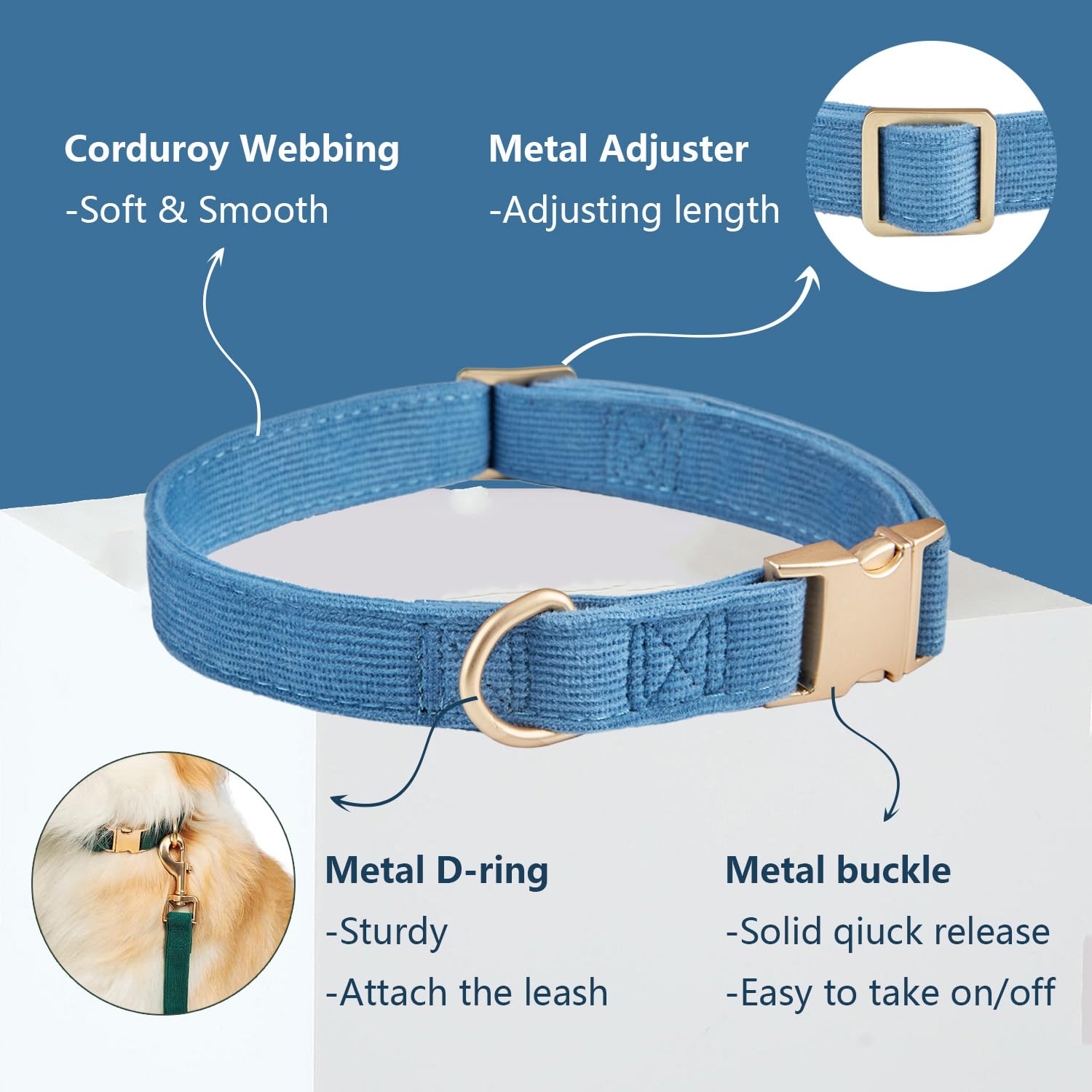 Ewinoom Soft Corduroy Dog Collar and Leash Set, Adjustable Cotton Dog Collars with Metal Buckle and Lead for Small Dogs,Blue
