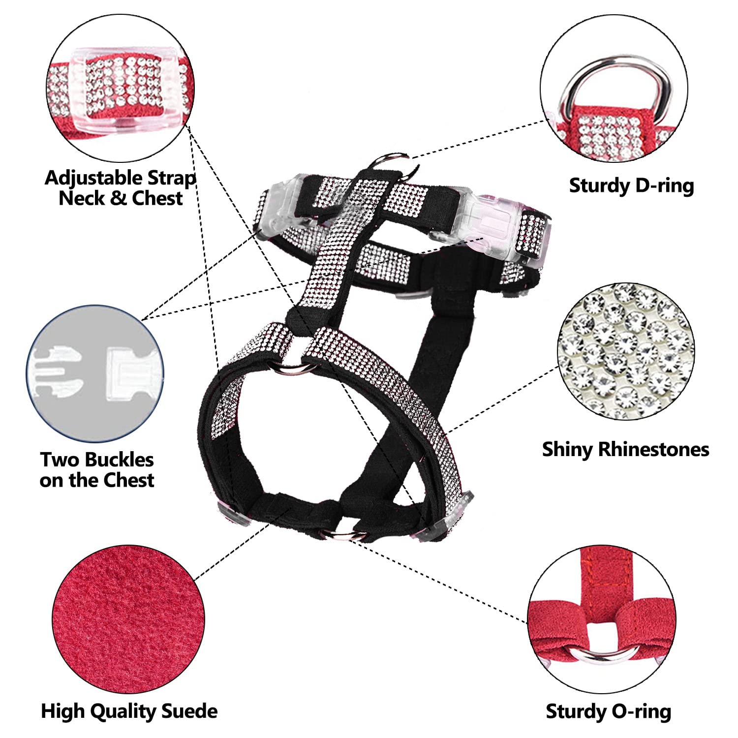 Harikaji Dog Reflective Rhinestone Harness, No Pull Adjustable D-Ring Harness Walking Harness For Small Meduim Large Dog(Black,M