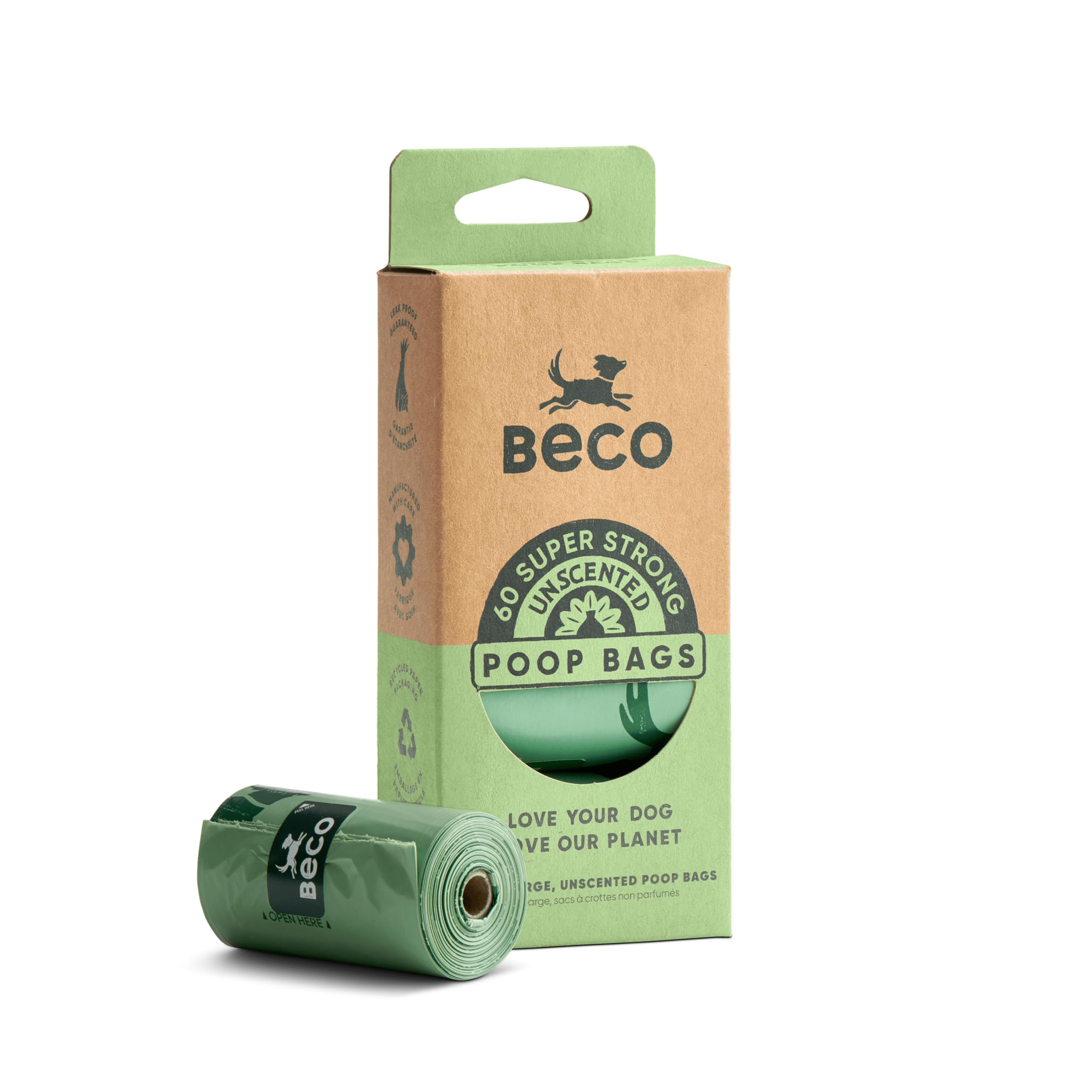 Beco Strong & Large Poop Bags - 60 Bags, 4 Rolls of 15 - Unscented - Dispenser Compatible Dog Poo Bags