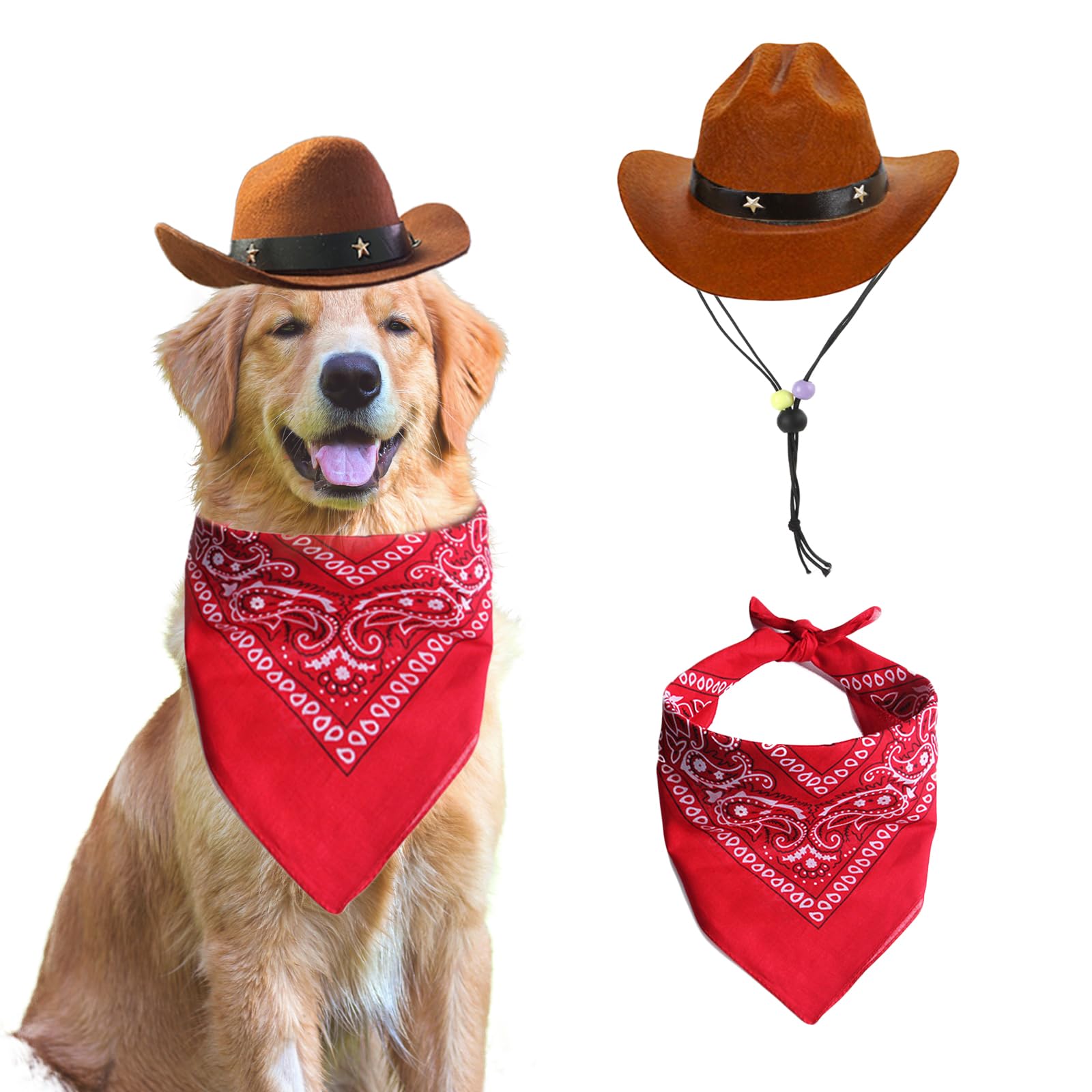 Awocan Dog Cowboy Hat And Bandana Scarf Dog Cat Sombrero Puppy Hat Dog Cat Costume Cosplay Cap Puppy Pet Dog Cat Holiday Pet Party Decoration (Coffee)