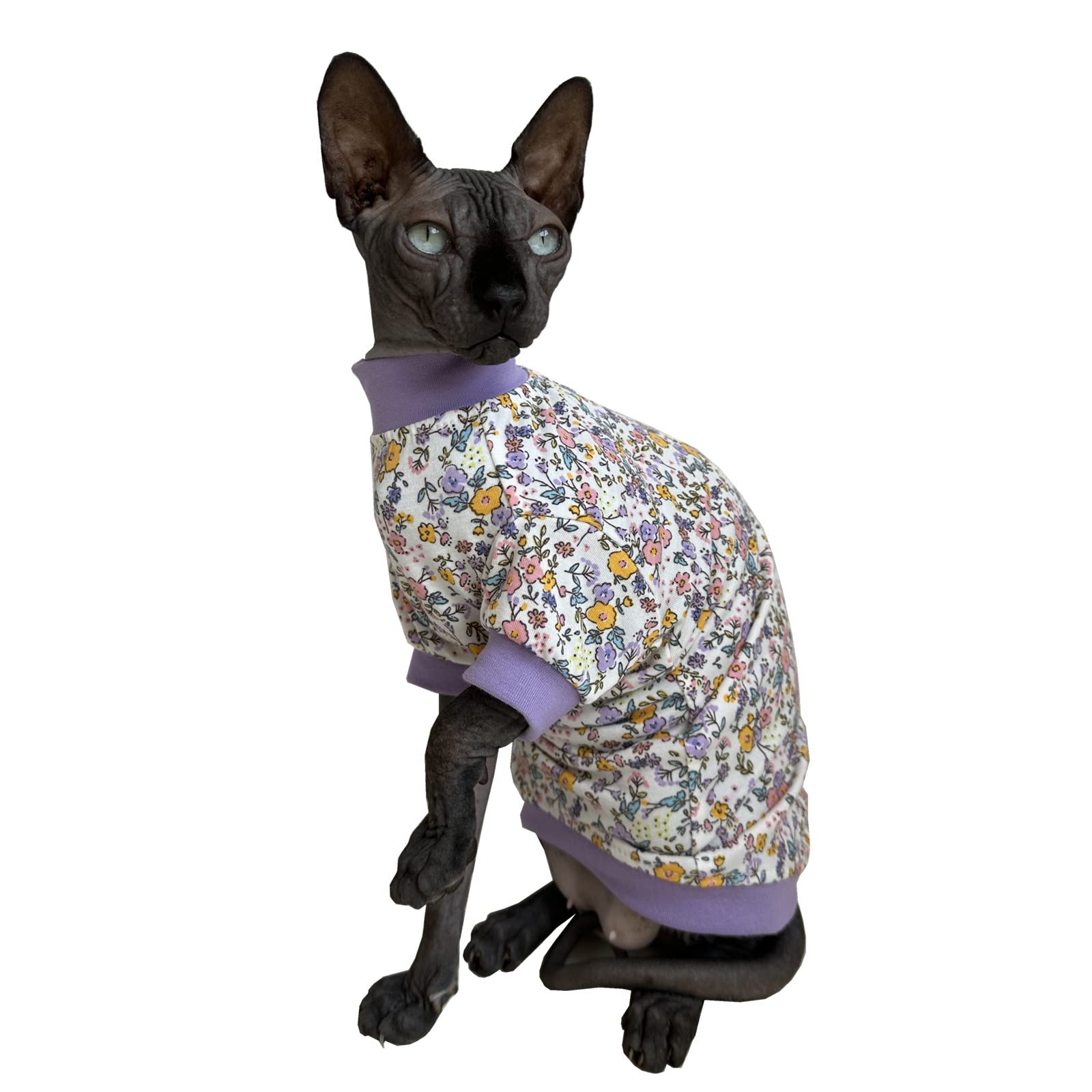 Sphynx Hairless Cat Cute Summer Cotton T-Shirts Pet Clothes,Round Collar Kitten Shirts Cats Apparel (Flor Do Campo, X-Large (Pac