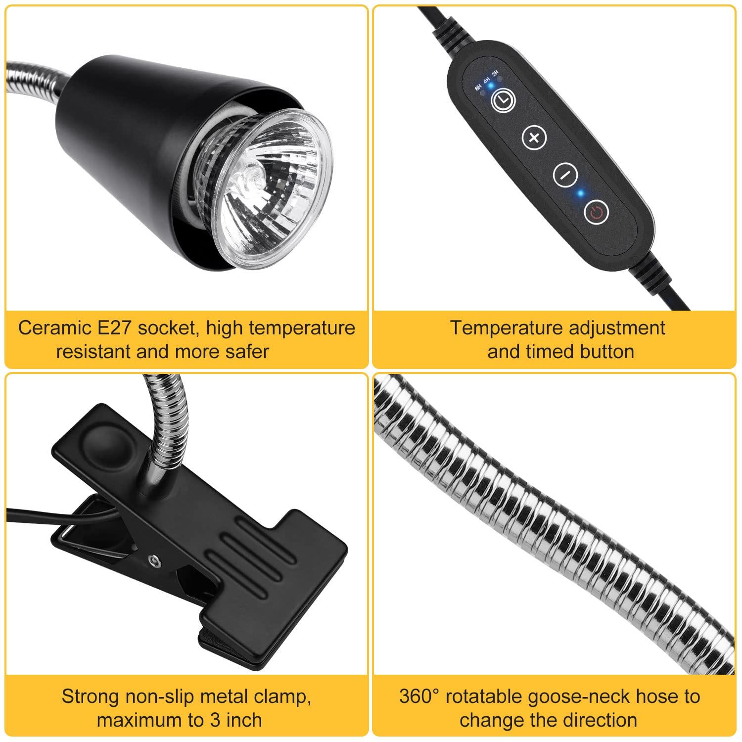 Dallfoll Reptile Heat Lamp, Uva Uvb Reptile Timing Heat Lamp, Reptile Basking Spot Light With 360?otatable Swivel And Clamp, Heating Lamp For Turtle, Lizard, Bearded Dragon, E27 25W 50W Bulbs