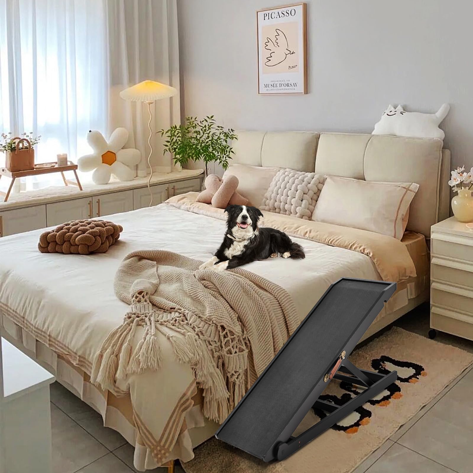 Dog Ramp, Adjustable Height Wooden Folding Pet Ramp For Bed, Couch,Suv-High Traction, Portable Paw Ramps For Small & Large Old D