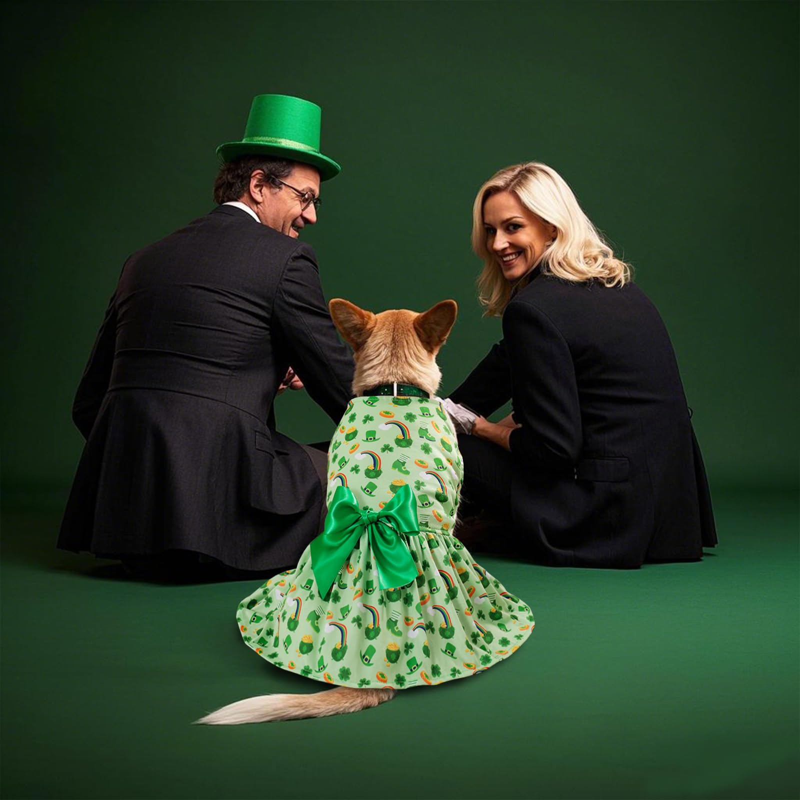 St. Patrick'S Day Dog Costume Dress S, Green Shamrock And Horseshoe Print With Satin Bow, Pet Outfit For 6-7 Lbs Dogs And Cats,