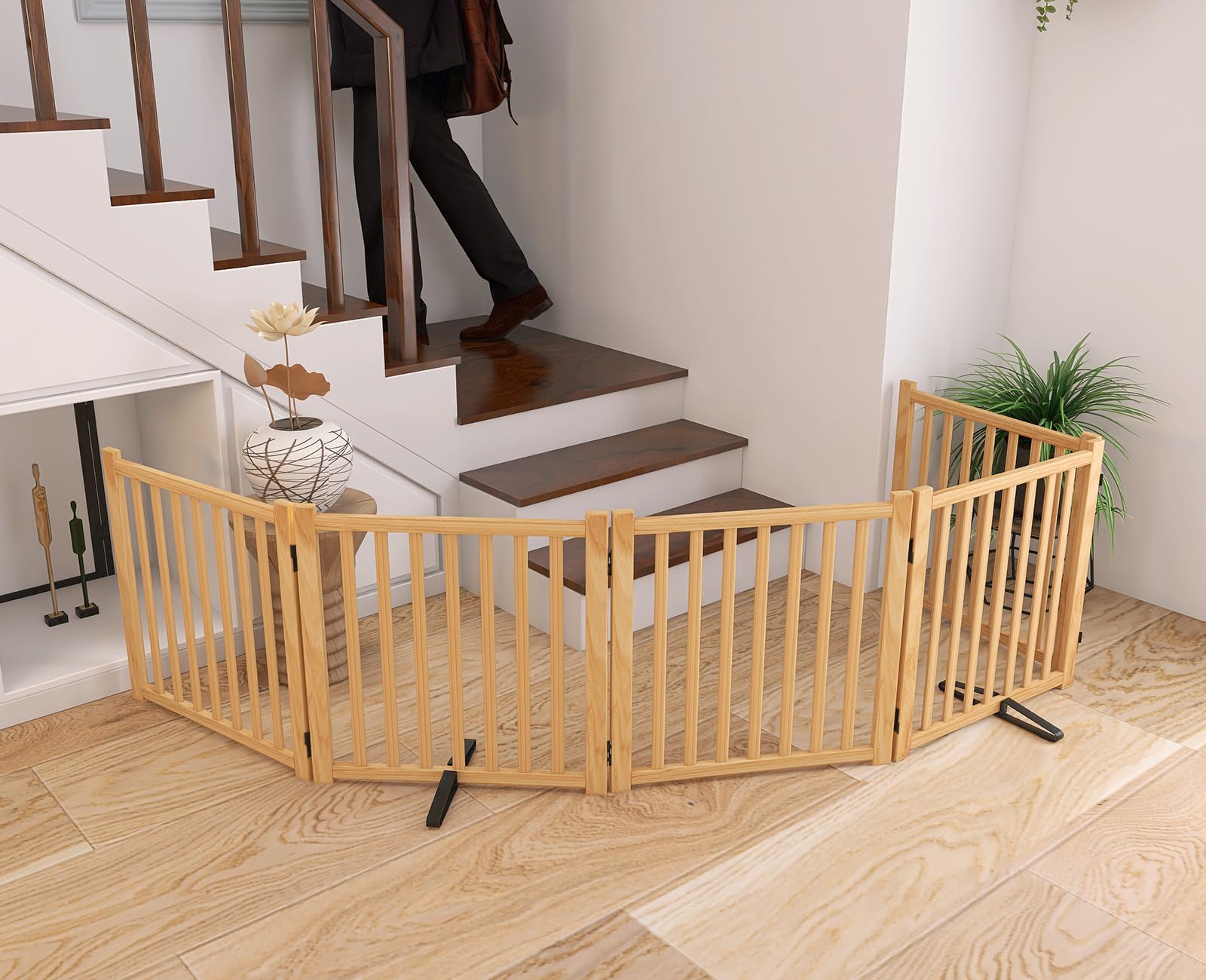 YOCAN Wooden Freestanding Dog Gates for The House, Doorways, Stairs,Wood Pet Fences Indoor Pet Gate,Step Over Fence-5 Panels L:1