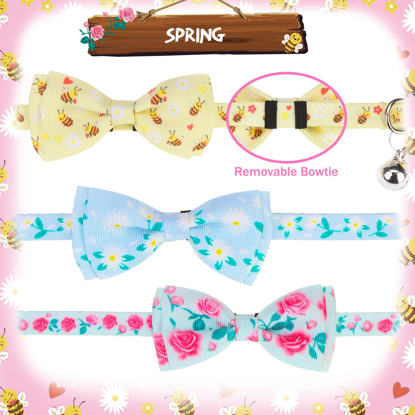 Pupteck Cat Collar With Bell Breakaway 3 Packs, Kitten Collar With Bowtie For Boy Girl Small Pets, Puppy, Bunny Outfit Costume