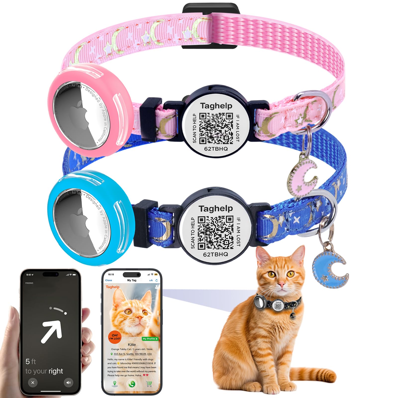 2Pcs Breakaway Cat Collars With Bell & Moons Stars Design - Cute Adjustable Kitten Collars With Glow In The Dark Pendant & Water