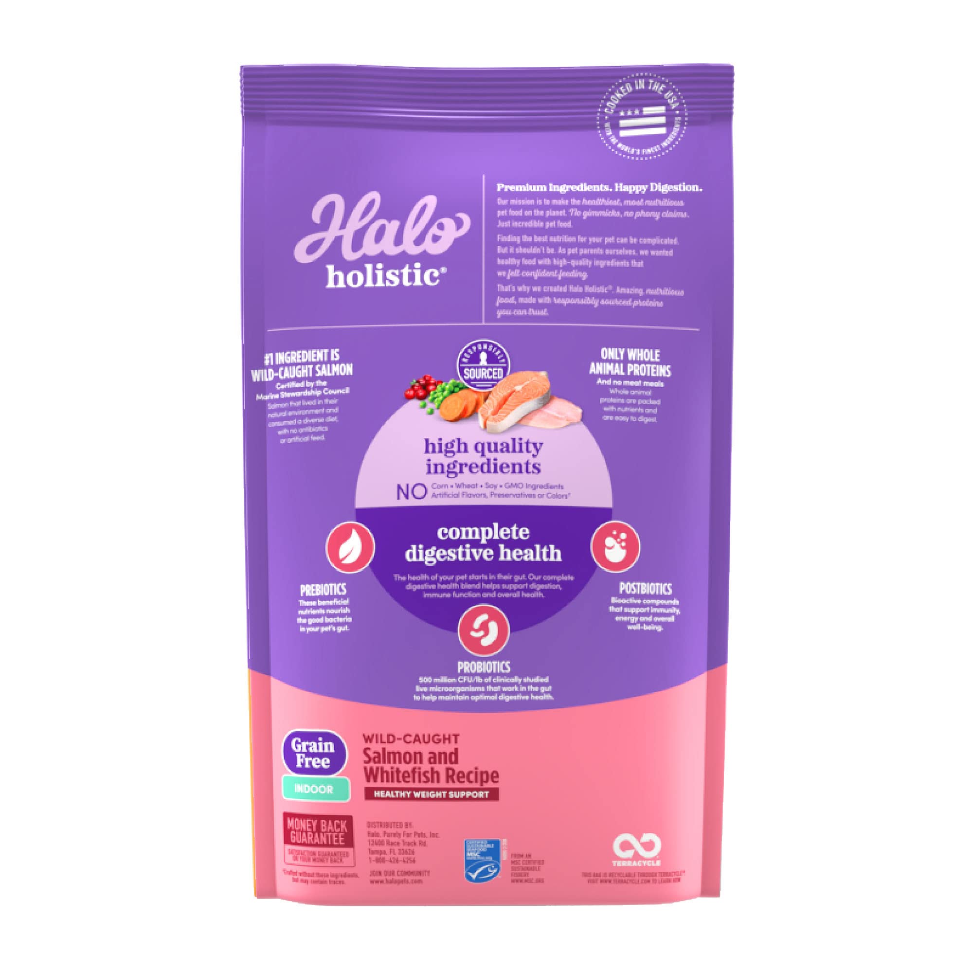 Halo Holistic Indoor Cat Food Dry, Grain Free Wild-caught Salmon & Whitefish Recipe for healthy weight support, Complete Digesti