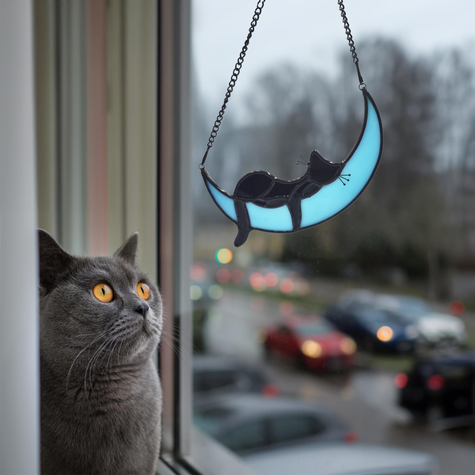 Fluffycaptain Sleeping Cat On Moon Stained Glass Loss Of Cat Memorial Gift For Cat Lovers,Handcrafted Stained Glass Cat Suncatch