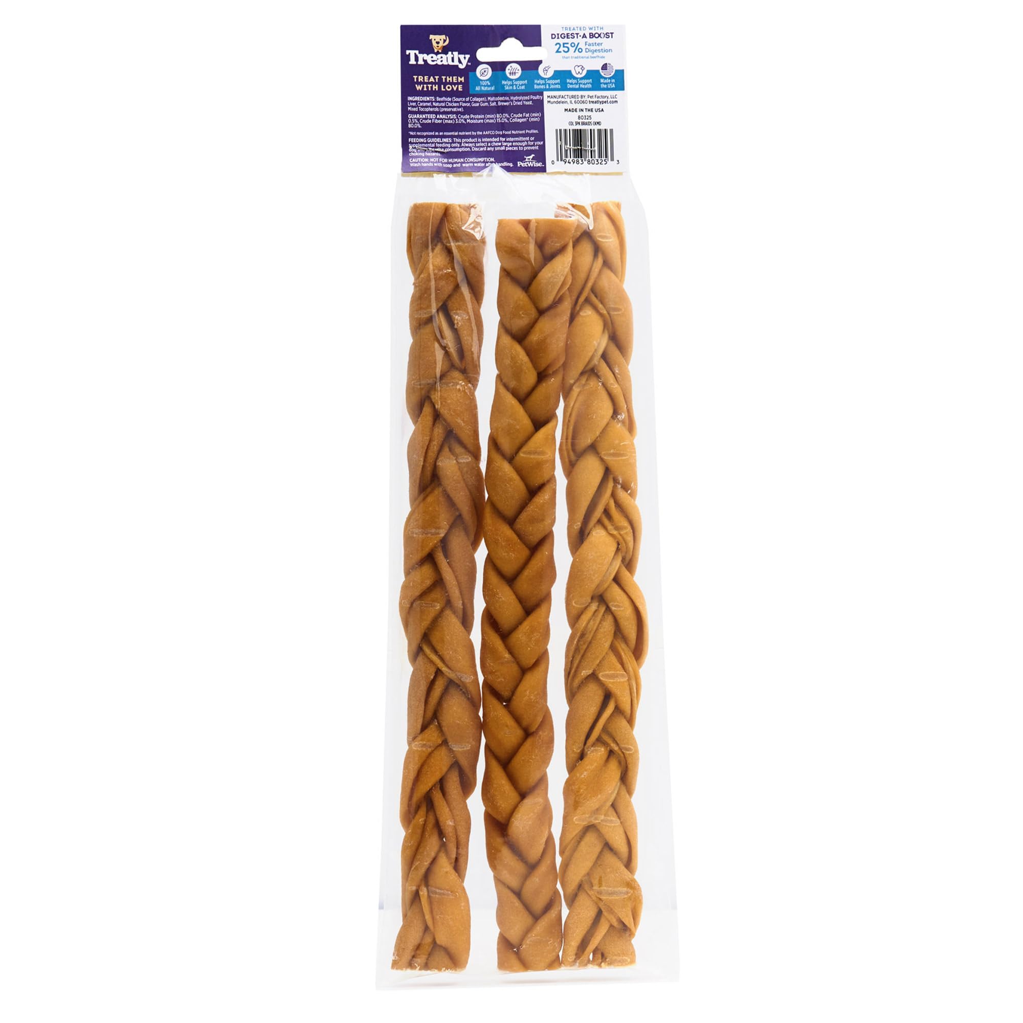 Treatly USA Collagen Braids 12-13 Dog Chew Treats - Chicken Marinade Flavor, 3 Count/1 Pack
