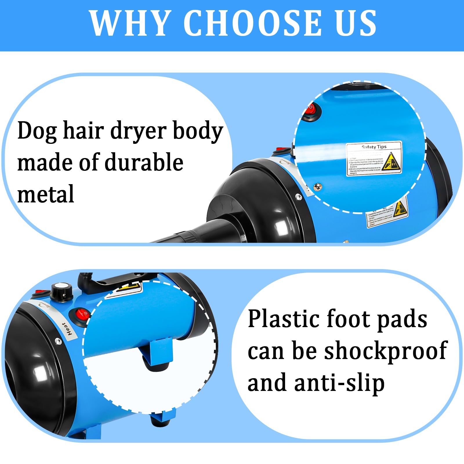 High Velocity 5.2Hp 3500W Large Dog Hair Dryer With Heater For Grooming - Adjustable Temperature With 4 Nozzles (Blue)