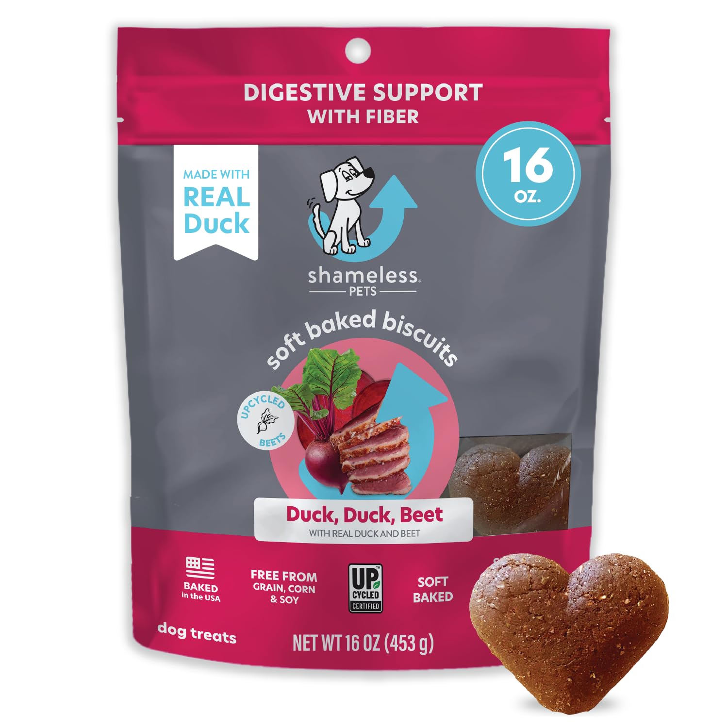 Shameless Pets Soft-Baked Dog Treats, Duck Duck Beet - Natural & Healthy Dog Chews for Digestive Support with Fiber - Dog Biscui