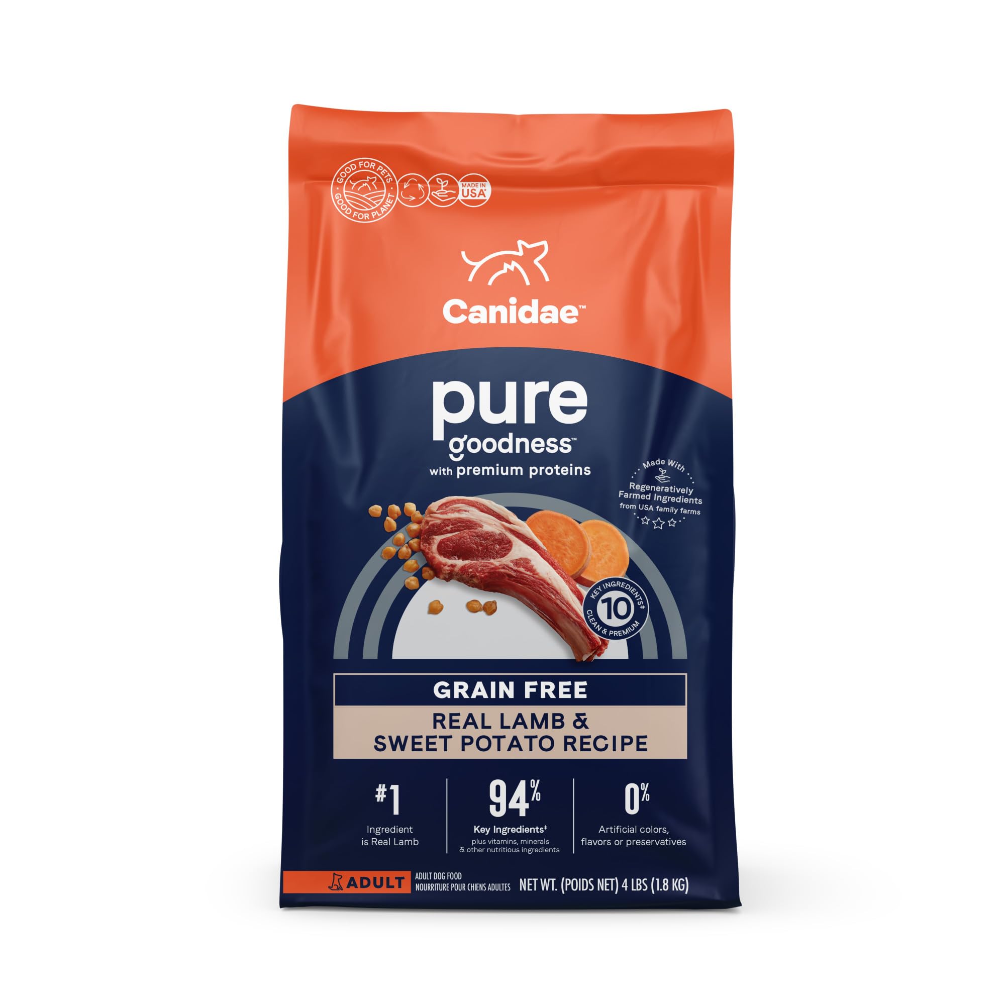 Canidae Pure Limited Ingredient Premium Adult Dry Dog Food, Real Lamb & Sweet Potato Recipe, 4 lbs, Grain Free
