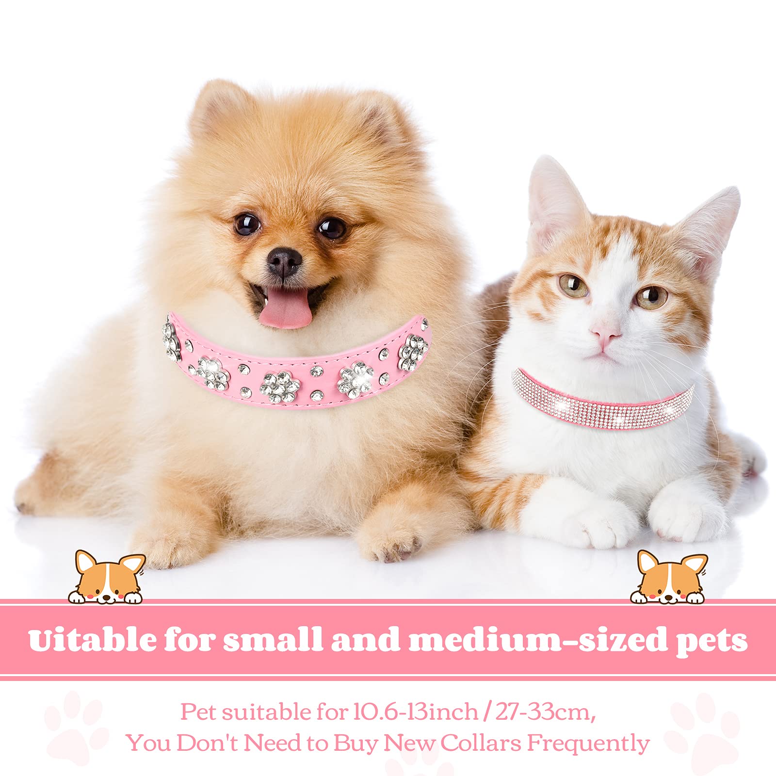 2 Pieces Pu Leather Dog Collar Pink Rhinestone Pet Collar Flower Pattern Studded Dog Collar Adjustable Bling Puppy Collar Pu Leather Crystal Pet Collars For Dogs (S:11-13 Inch)