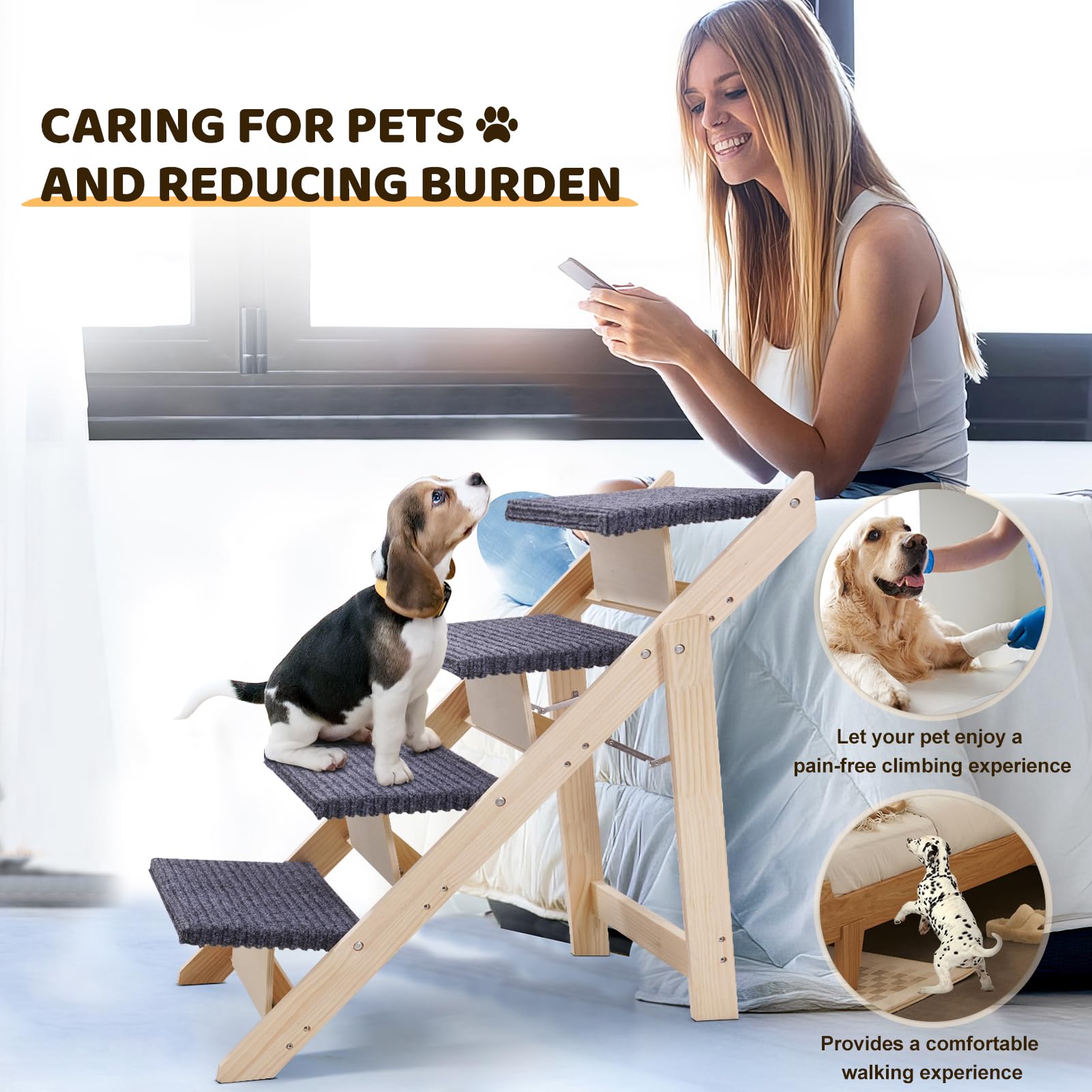 Sararoom Wood Pet Stairs/Pet Steps, 4-Step Dog Steps For High Bed, Sofa And Cars 25.6'' H, Non-Slip Stable Pet Stairs For Small
