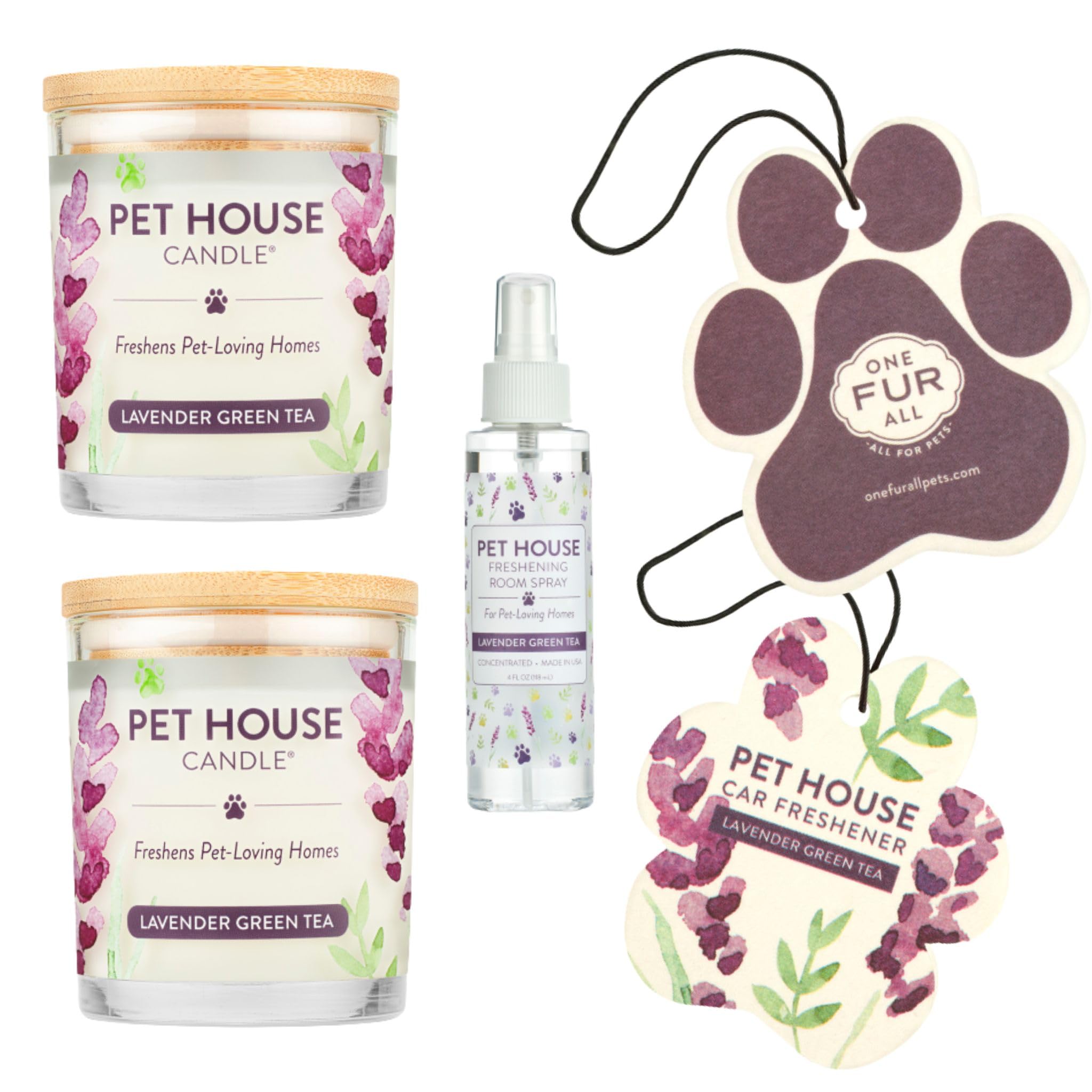 One Fur All Value Pack, Pet Friendly Candles, Room Spray And Car Air Freshener, Long Lasting Plant-Based Pet Odor Candles For Ho