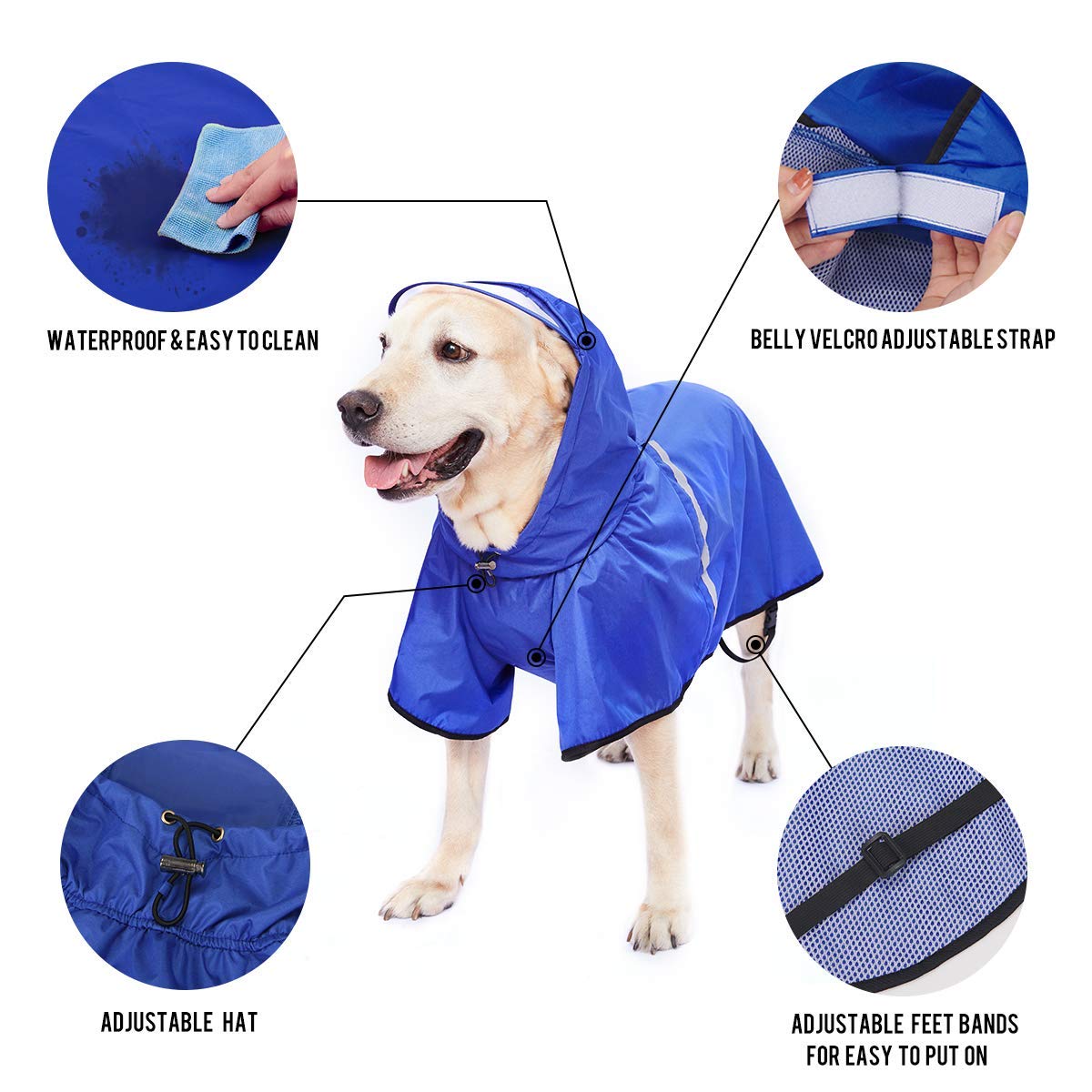 Dog Raincoat With Adjustable Belly Strap And Leash Hole - Hoodie With Reflective Strip - Waterproof Slicker Lightweight Breathable Rain Poncho Jacket For Medium Large Dogs - Easy To Wear, Blue 5Xl