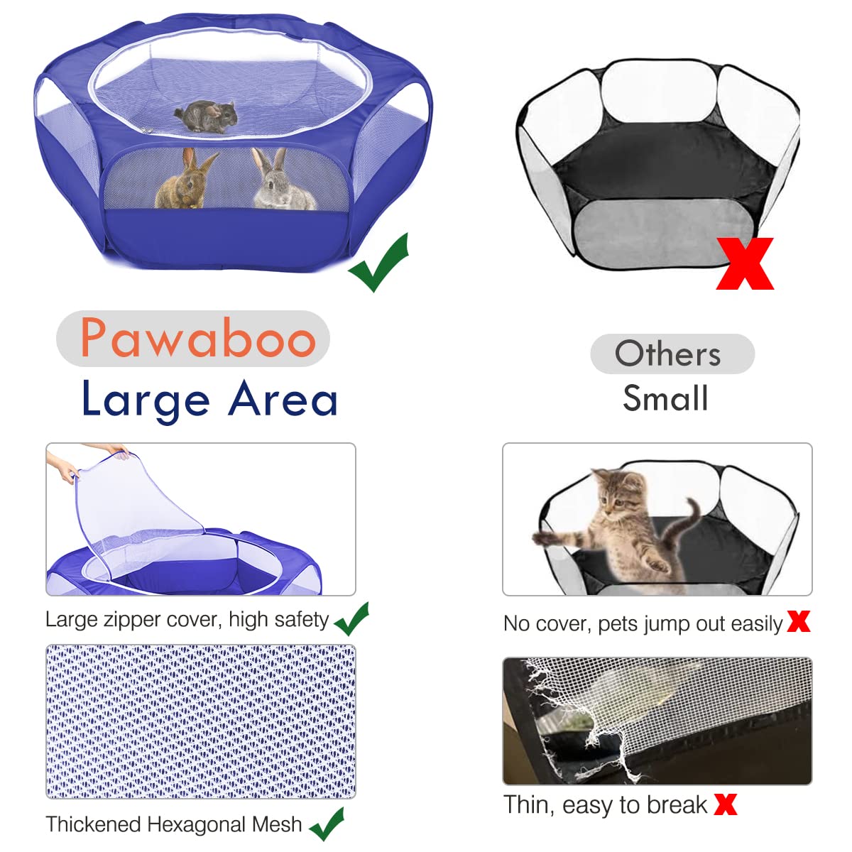 Pawaboo Small Animals Playpen, Waterproof Small Pet Cage Tent With Zippered Cover, Portable Outdoor Yard Fence With 3 Metal Rod For Kitten/Puppy/Guinea Pig/Rabbits/Hamster/Chinchillas, Indigo