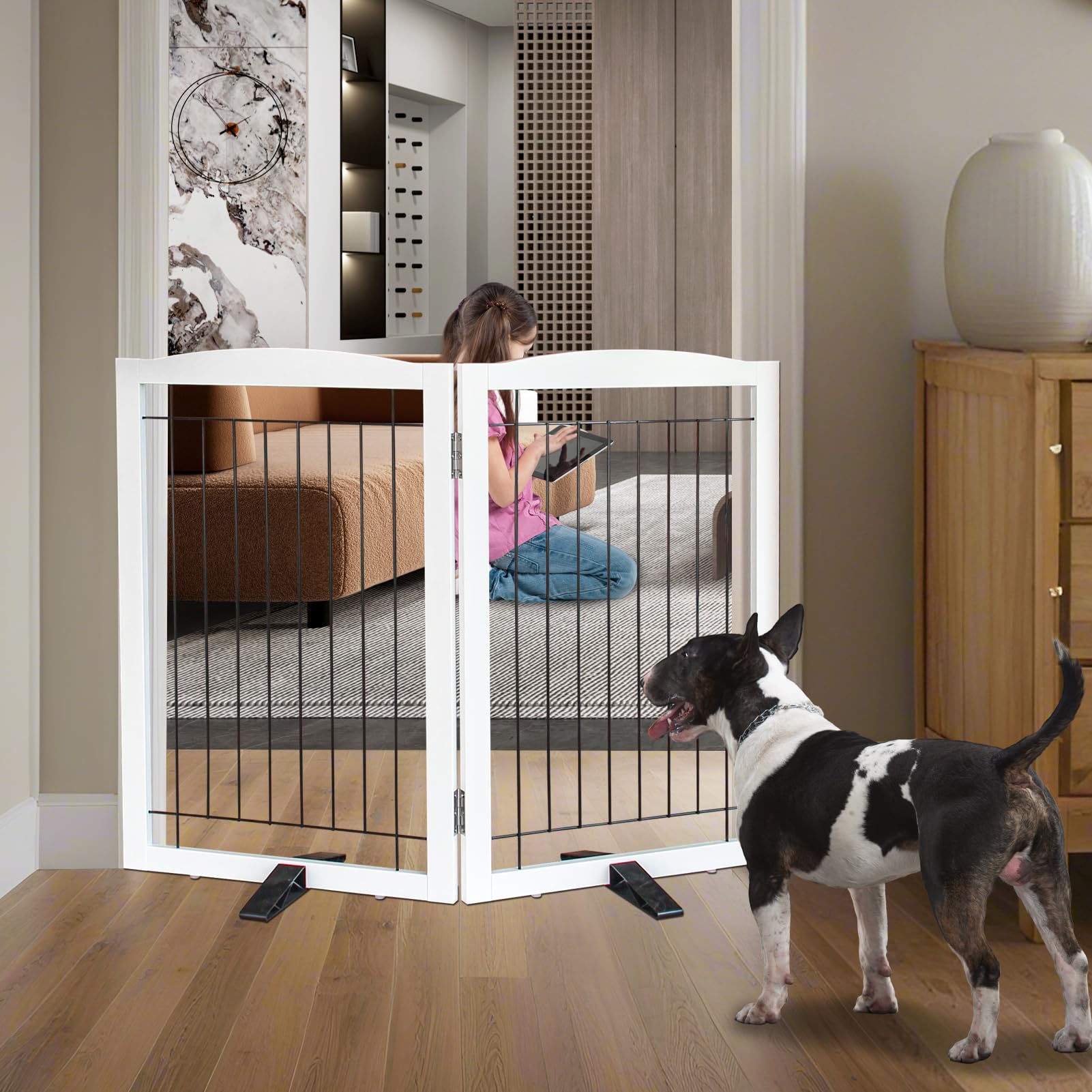 Dog Fence Indoor - 2-Panel Freestanding Dog Gate for Doorways, Hallways, House or Stairs -40x32-Inch Retractable Foldable Expand