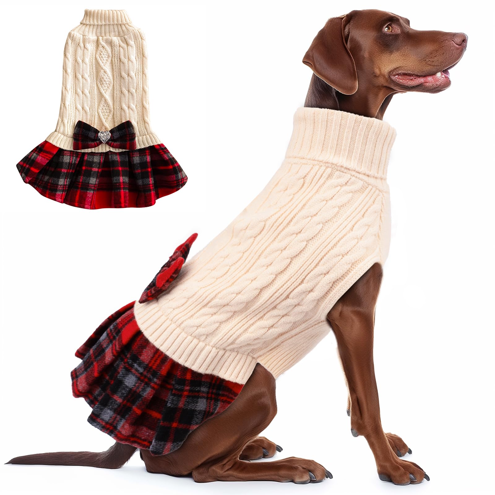 Kyeese Dog Sweaters Dress For Medium Dogs With Bowtie Turtleneck Red Dog Knitwear Plaid Pattern Warm Pet Sweater Beige