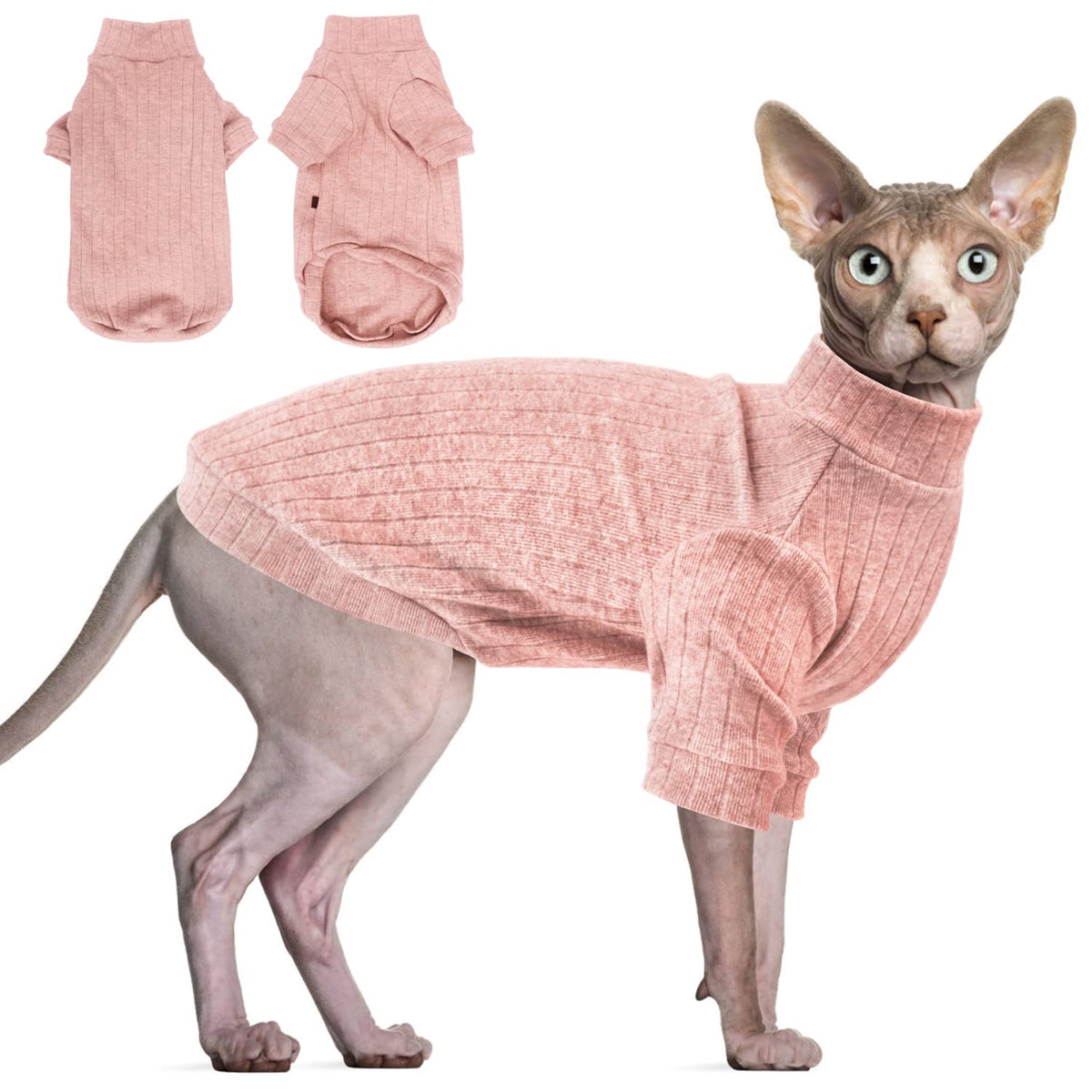 Idepet Sphynx Hairless Cats Sweater Shirt Kitten Soft Puppy Clothes Pullover Cute Cat Pajamas Jumpsuit Skin-Friendly Cotton Apparel Pet Winter Turtleneck For Cats And Small Dogs(X-Small, Pink)