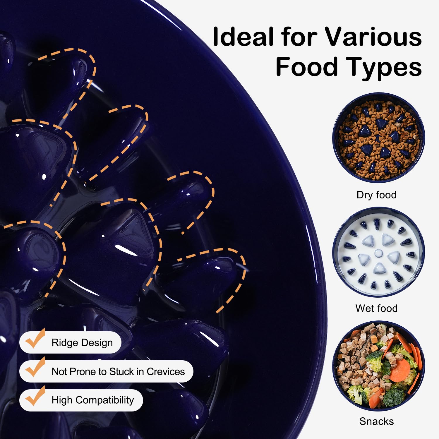 Sted Ceramic Slow Feeder Dog Bowl, Large 9.5 inches, Blue, Puzzle Design for Fast Eaters, Silicone Base