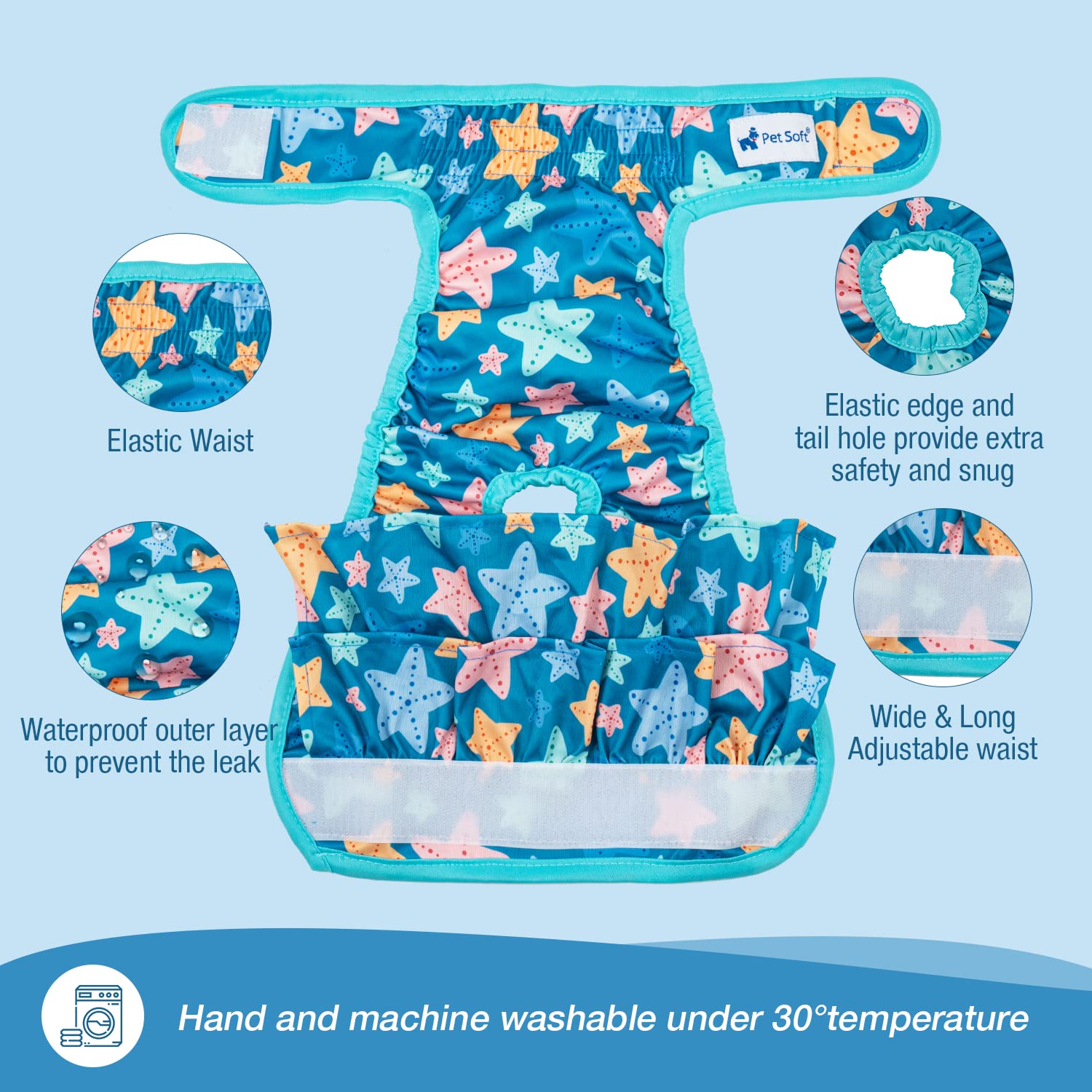 Pet Soft Washable Female Diapers (3 Pack) - Female Dog Diapers, Dress Style Comfort Reusable Doggy Diapers For Girl Dog In Period Heat (Ocean, Xs)