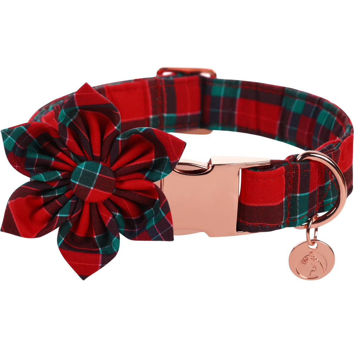 Dogwong Christmas Dog Collar With Flower, Red Plaid Dog Collar Soft Durable Adjustable Cotton Red Green Tartan Puppy Collar For Small Medium Large Dog