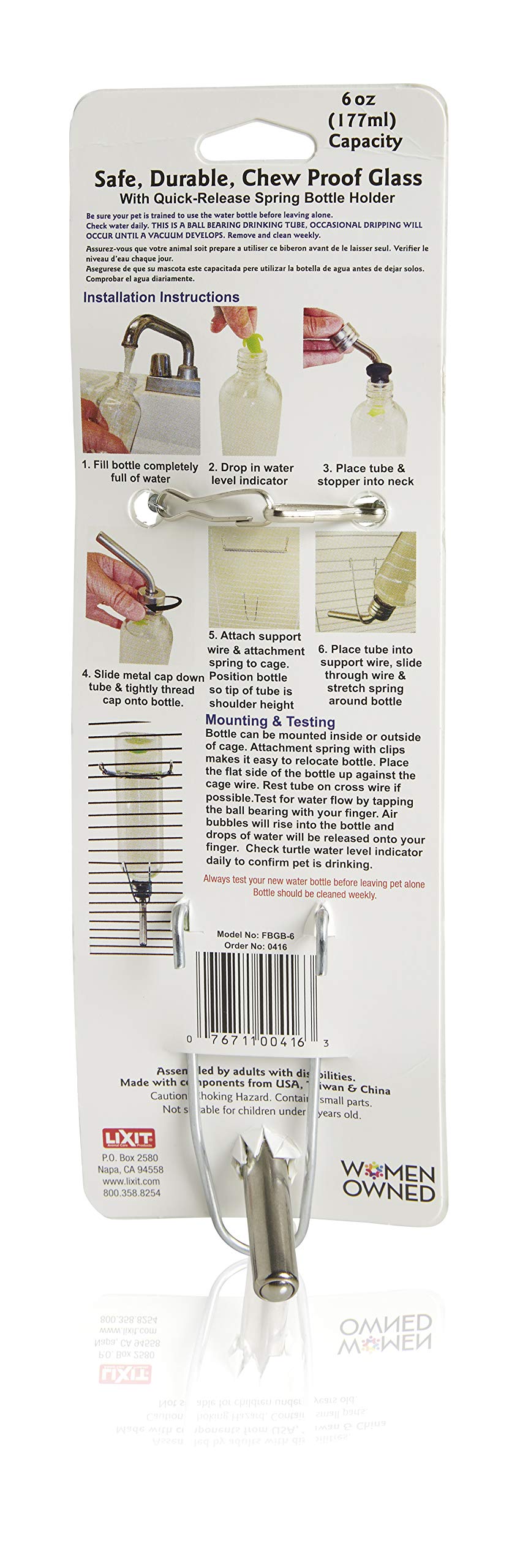 Lixit Chew Proof Flat Sided Water Bottles For Rabbits, Ferrets, Rats, Birds, Hamsters, Guinea Pigs, Chinchillas Gerbils And Other Small Animals (6Oz)