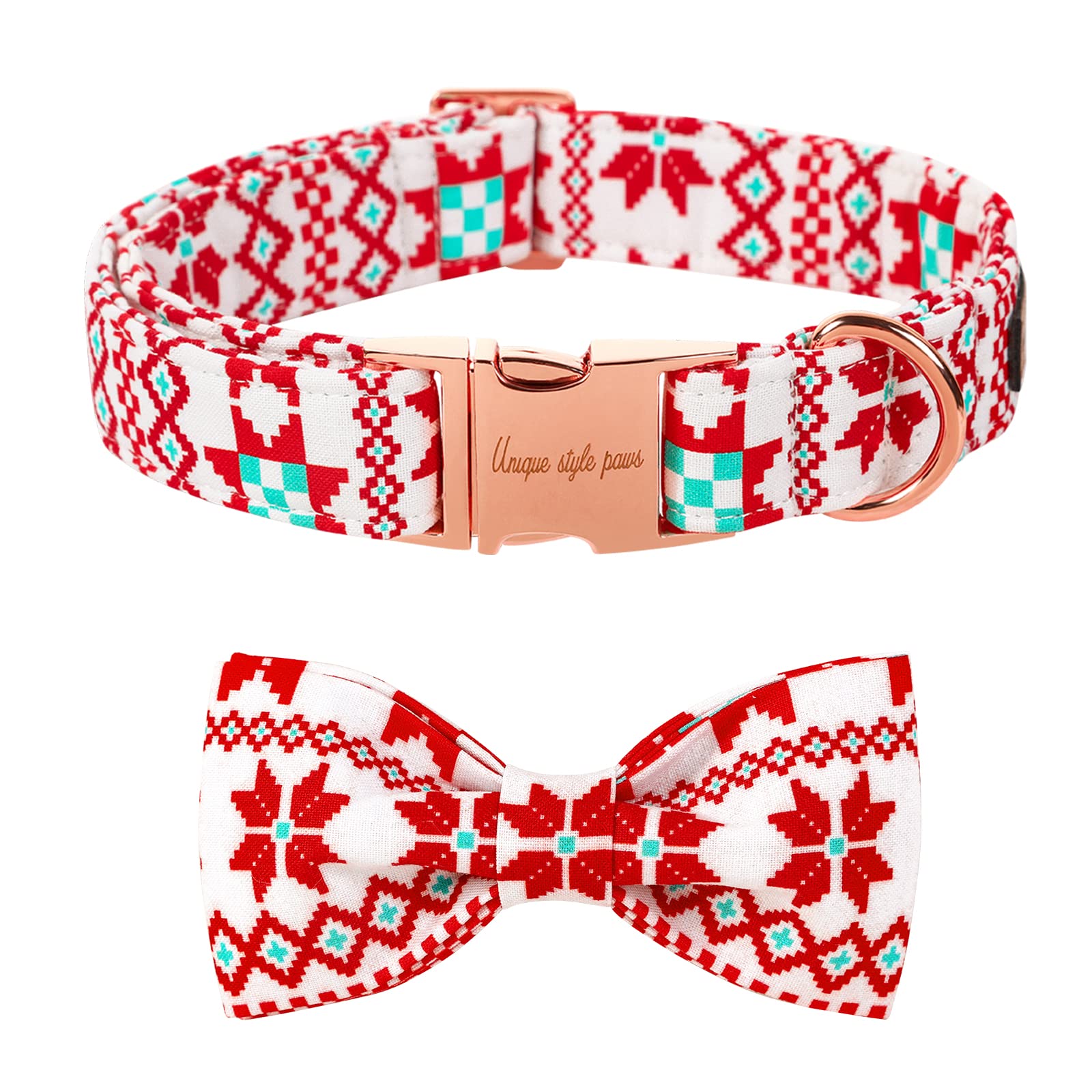Unique Style Paws Christmas Dog Collar With Bow Tie Red White Grid Cotton Collar Adjustable Puppy Plaid Collar For Small Medium Large Dogs-Xl