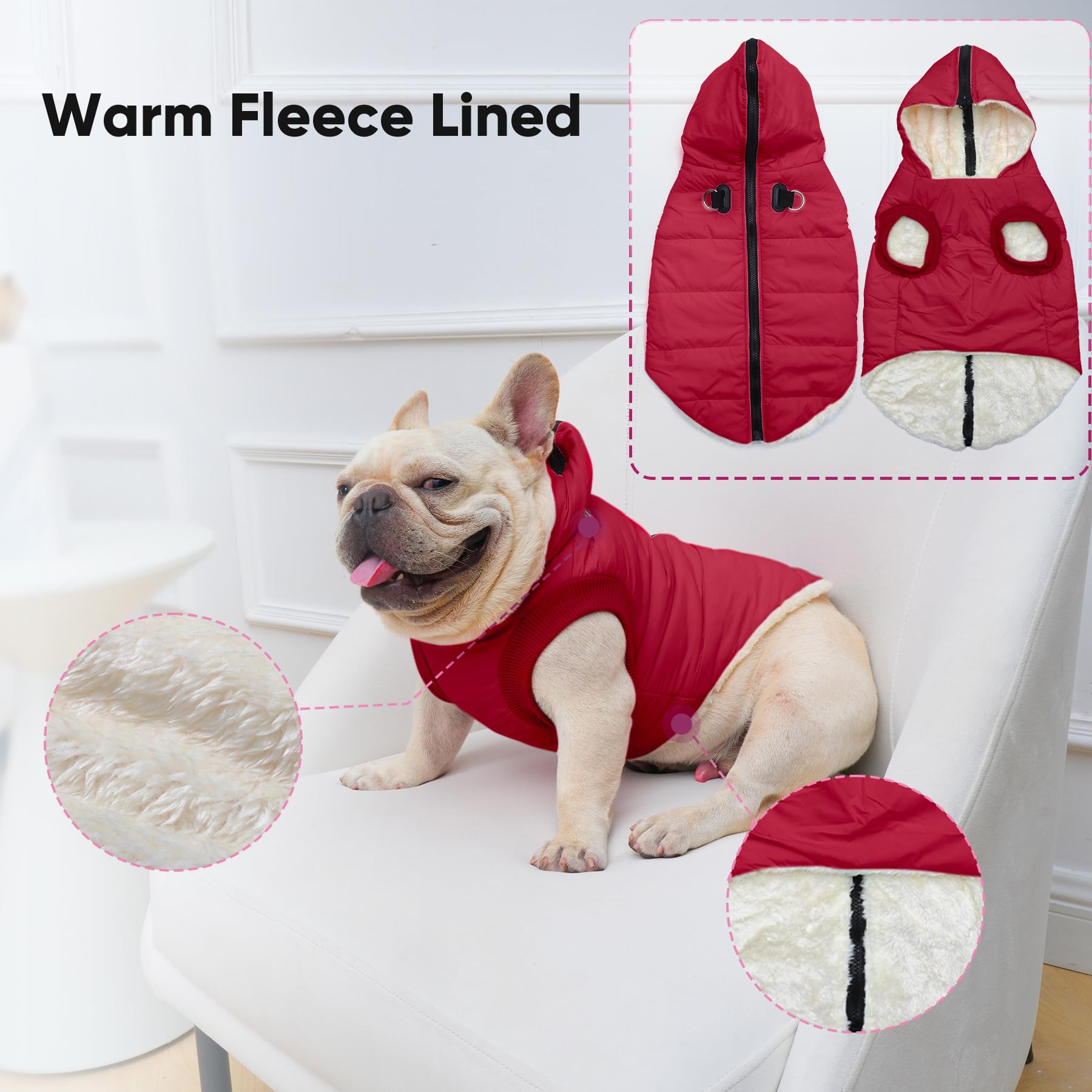 Vecomfy Fleece Lining Dog Hoodie With Harness Built In,Extra Warm Small Dog Jacket In Winter Puppy Coats With Hooded,Red S