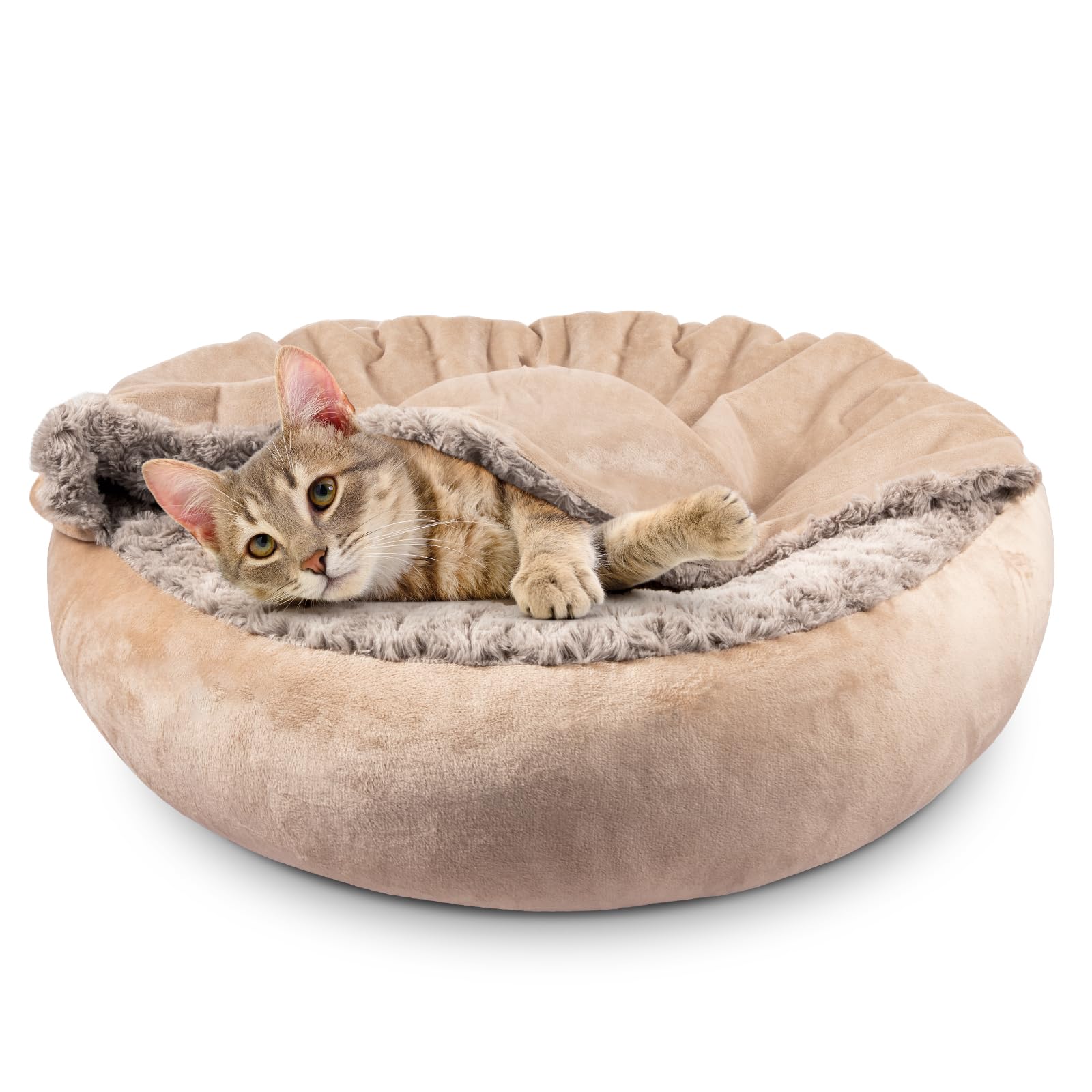 Joejoy Small Dog Cat Bed With Hooded Blanket, Cozy Cuddler Luxury Puppy Pet Donut Round Calming Anti-Anxiety Burrow Cave - Anti-