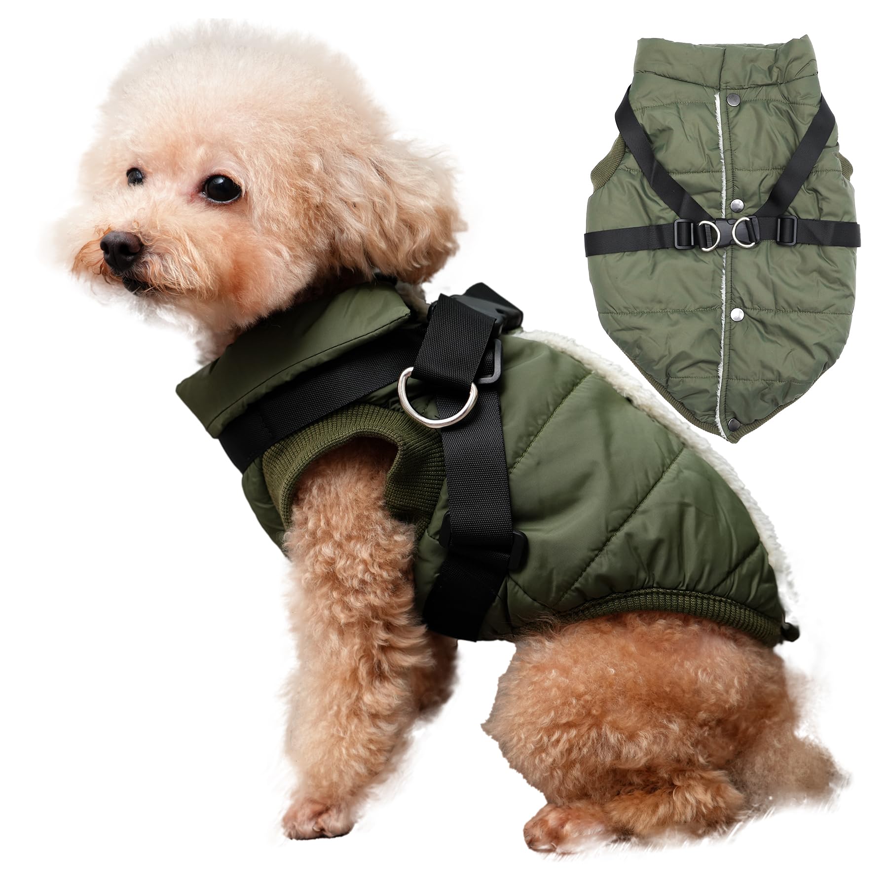 Joydaog Dog Jacket With Harness,Fleece Lined Warm Puppy Coat For Winter,Soft Windproof Small Dog Vest,Green M