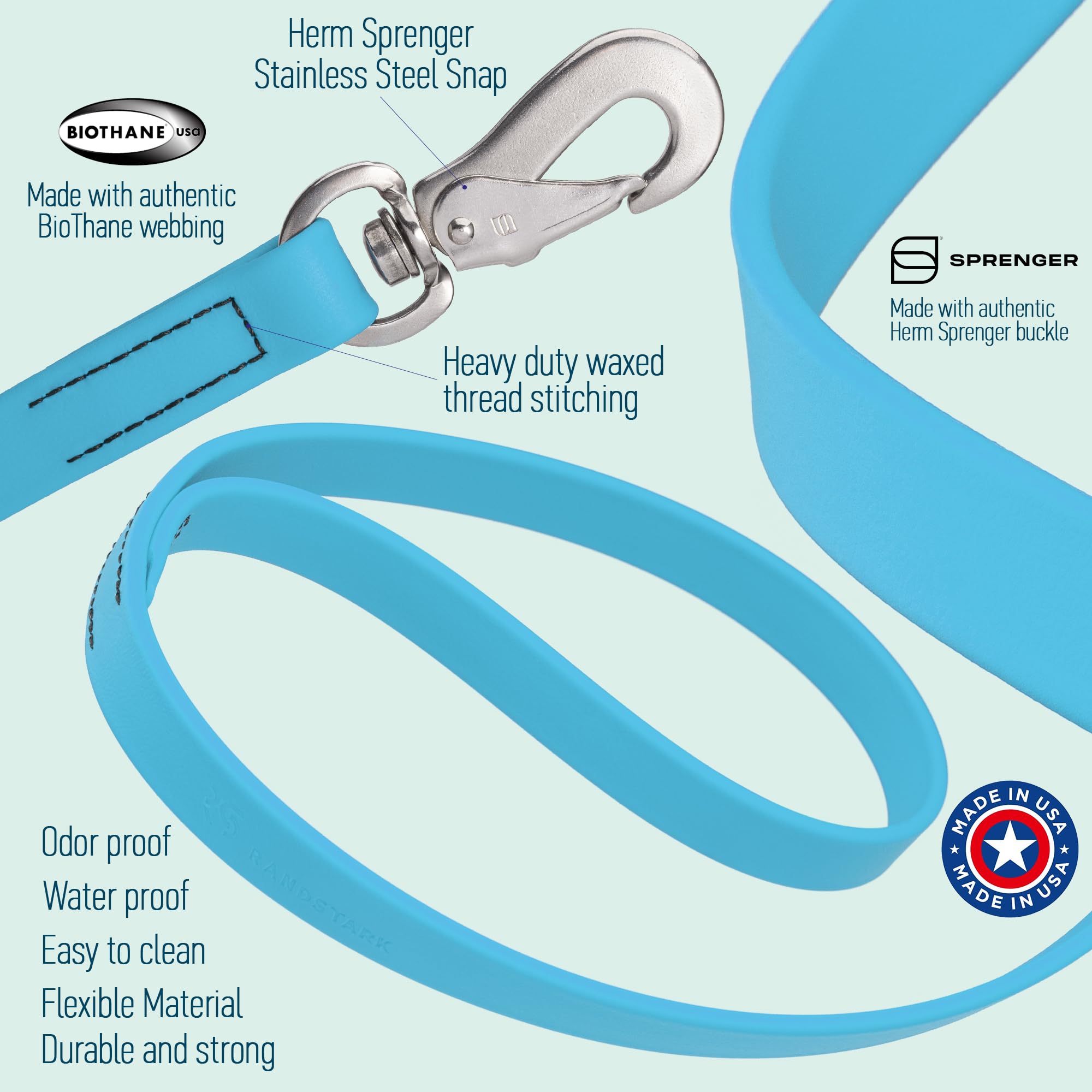 Randstark Biothane Waterproof Durable Dog Leash With Herm Sprenger Stainless Steel Swivel Snap Hook, 6 Ft - For Medium And Large
