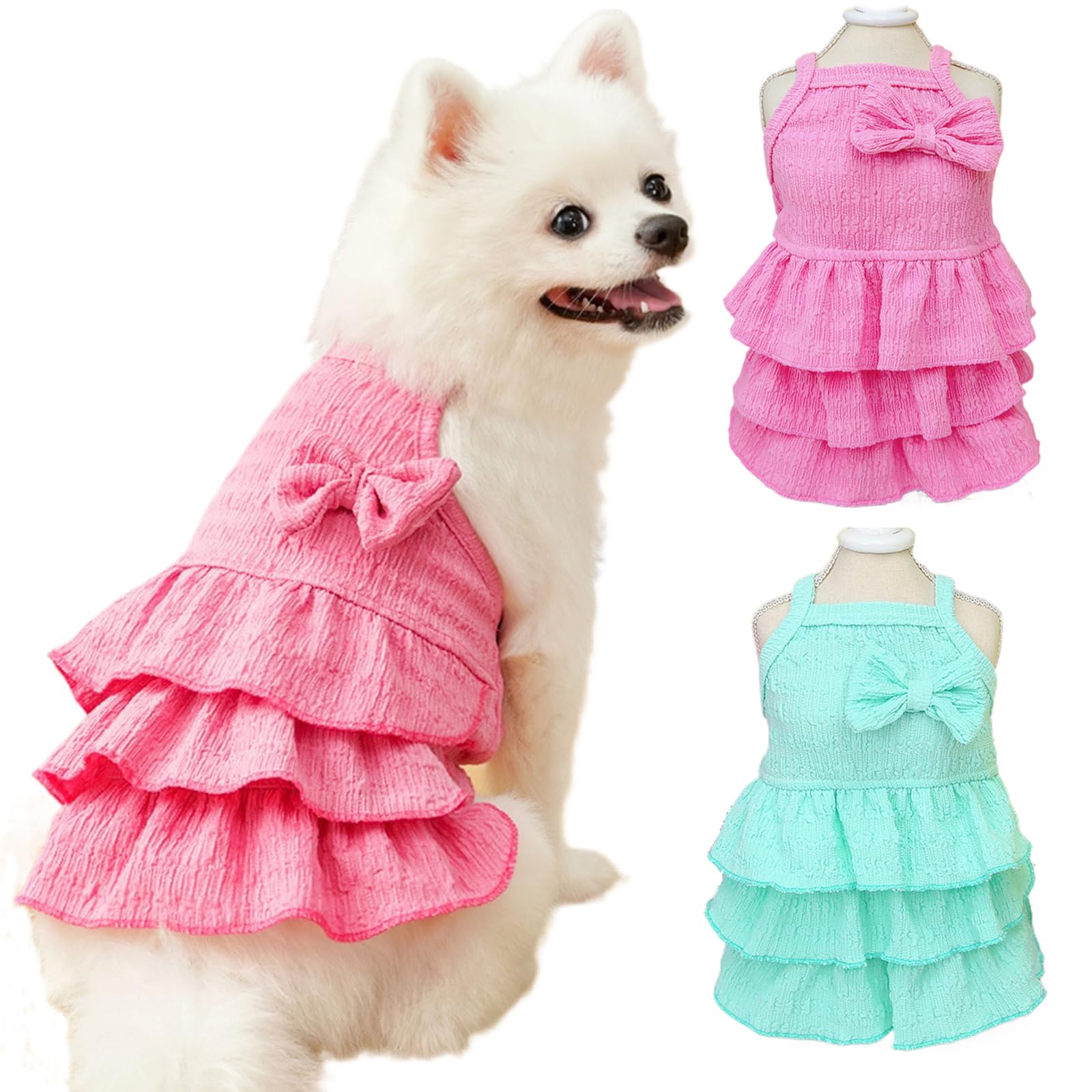 2 Pack Dog Dresses For Small Dogs Girl,Green Pink Girl Dog Clothes Sleeveless With Bow Decor, Cute Summer Cat Dresses For Cats O