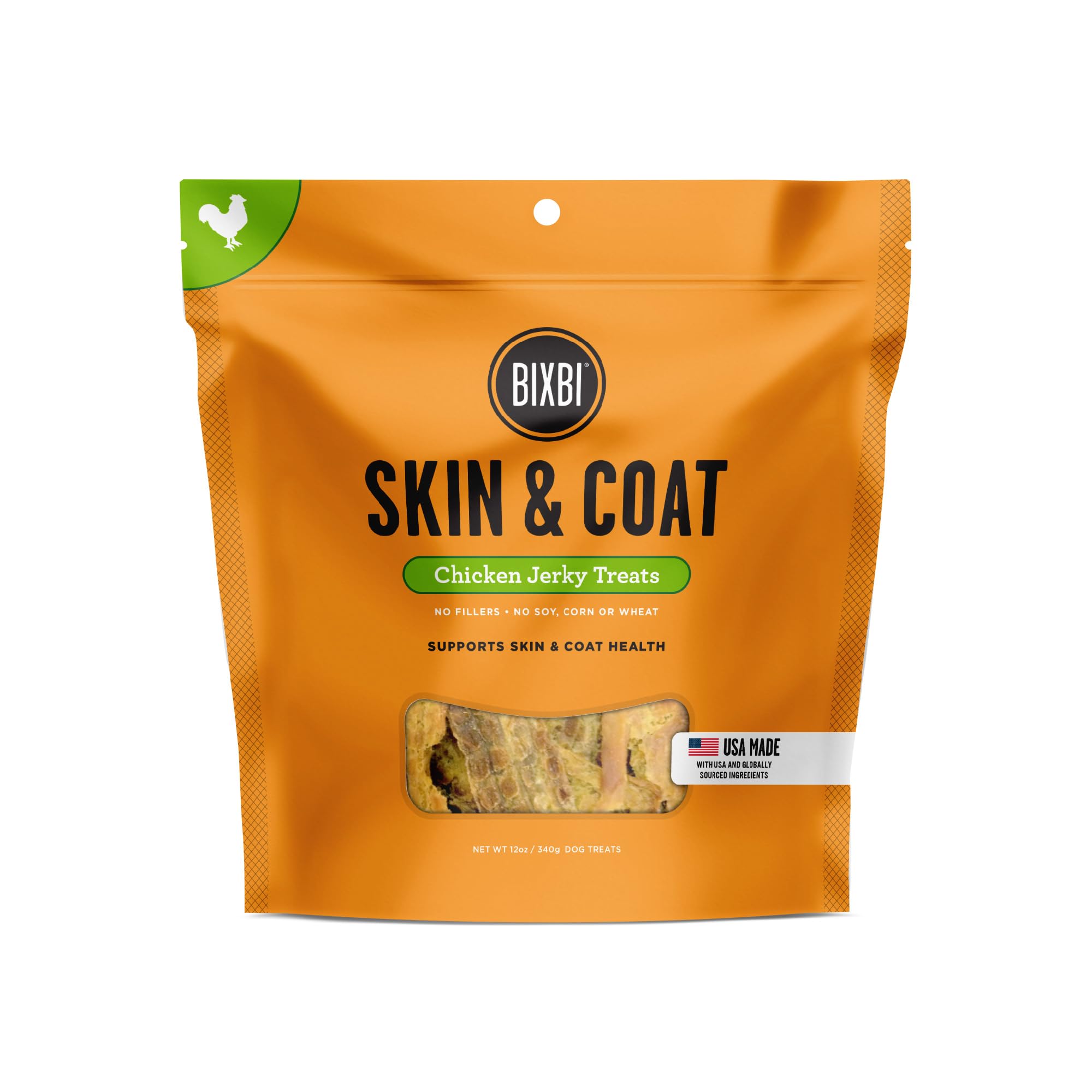 BIXBI Skin & Coat Support Chicken Jerky Dog Treats, 12 oz - USA Made Grain Free Dog Treats - Antioxidant Rich to Support Shiny, 