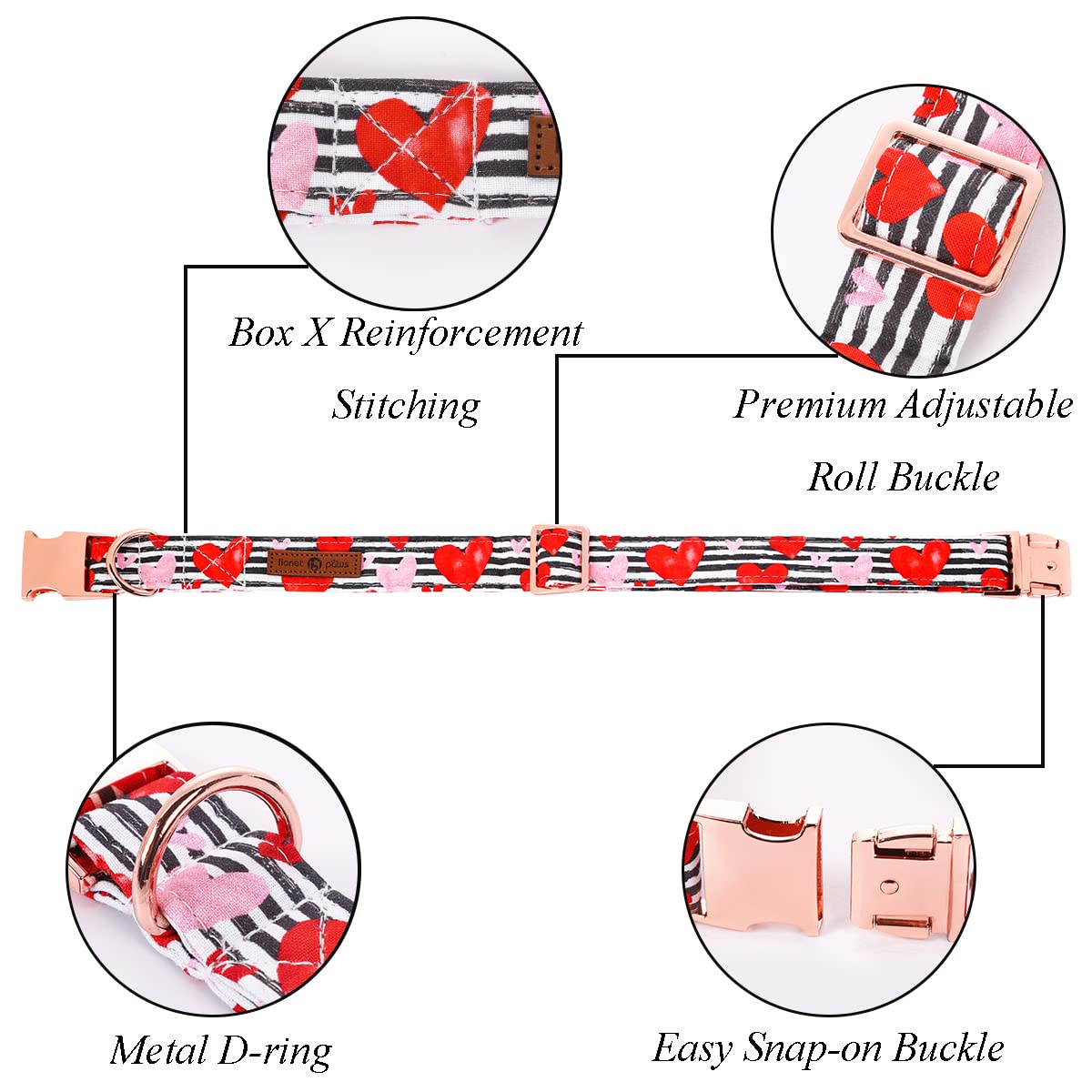 Lionet Paws Valentine Dog Collar, Heavy-Duty Cute Red Heart Pattern Fabric Pet Collar With Metal Buckle For Small, Neck 10-16 In