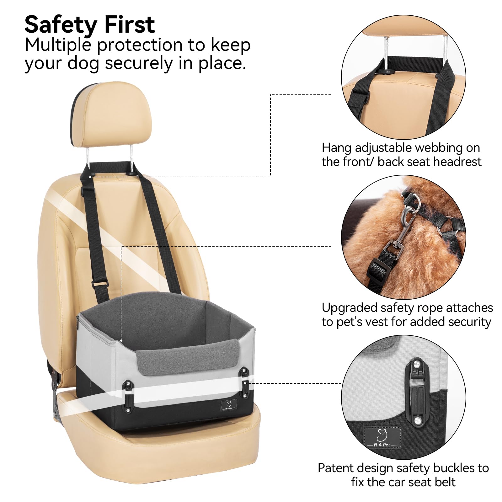 A4Pet Dog Car Seats for Small Dogs, Puppy Car Seat with Patent Buckles, Suitable for Small Dogs and Cats Under 25 Lbs, Clip-On S