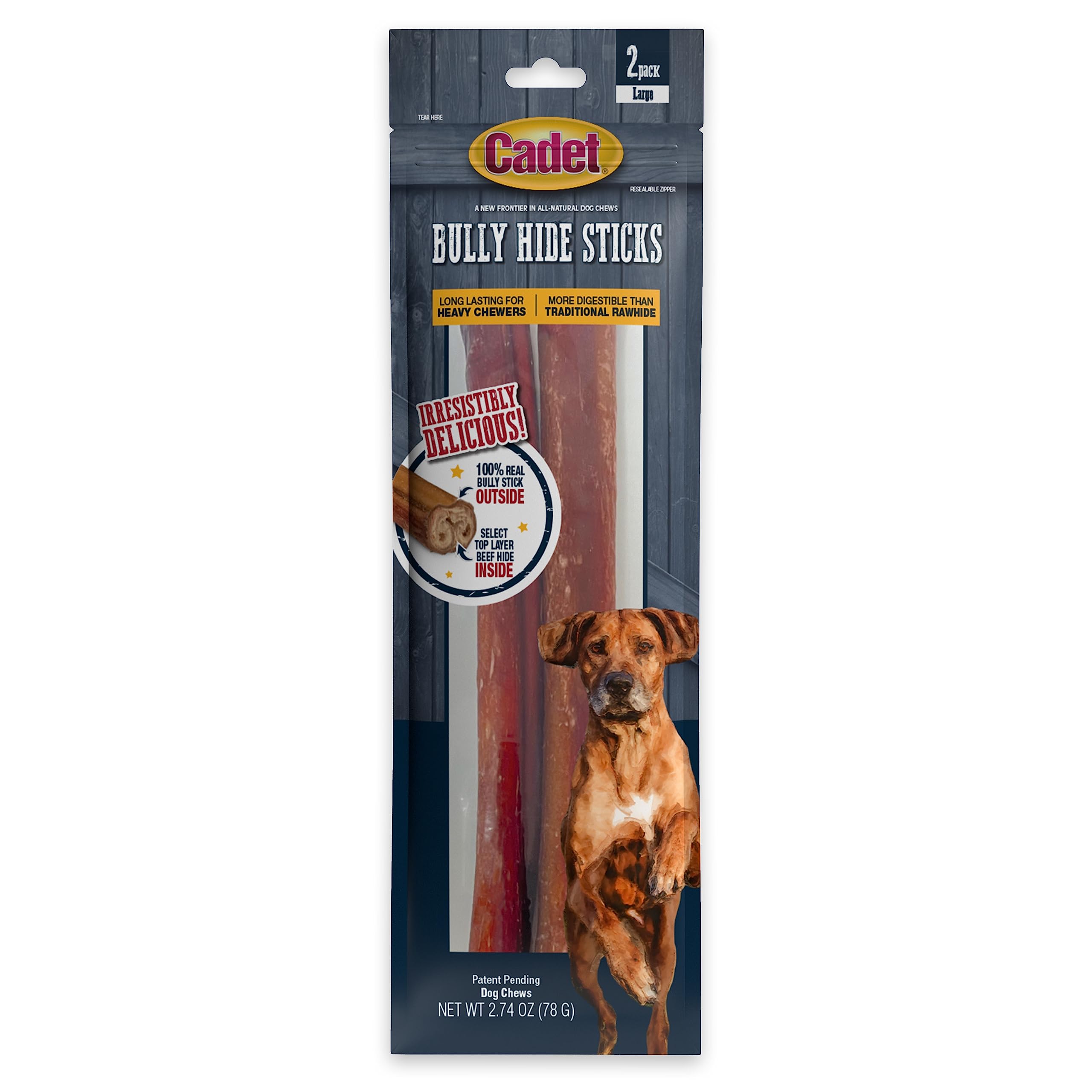 Cadet Bully Hide Sticks for Large Dogs, All-Natural Beef Pizzle, Limited-Ingredient Long-Lasting Dog Chews for Aggressive Chewer